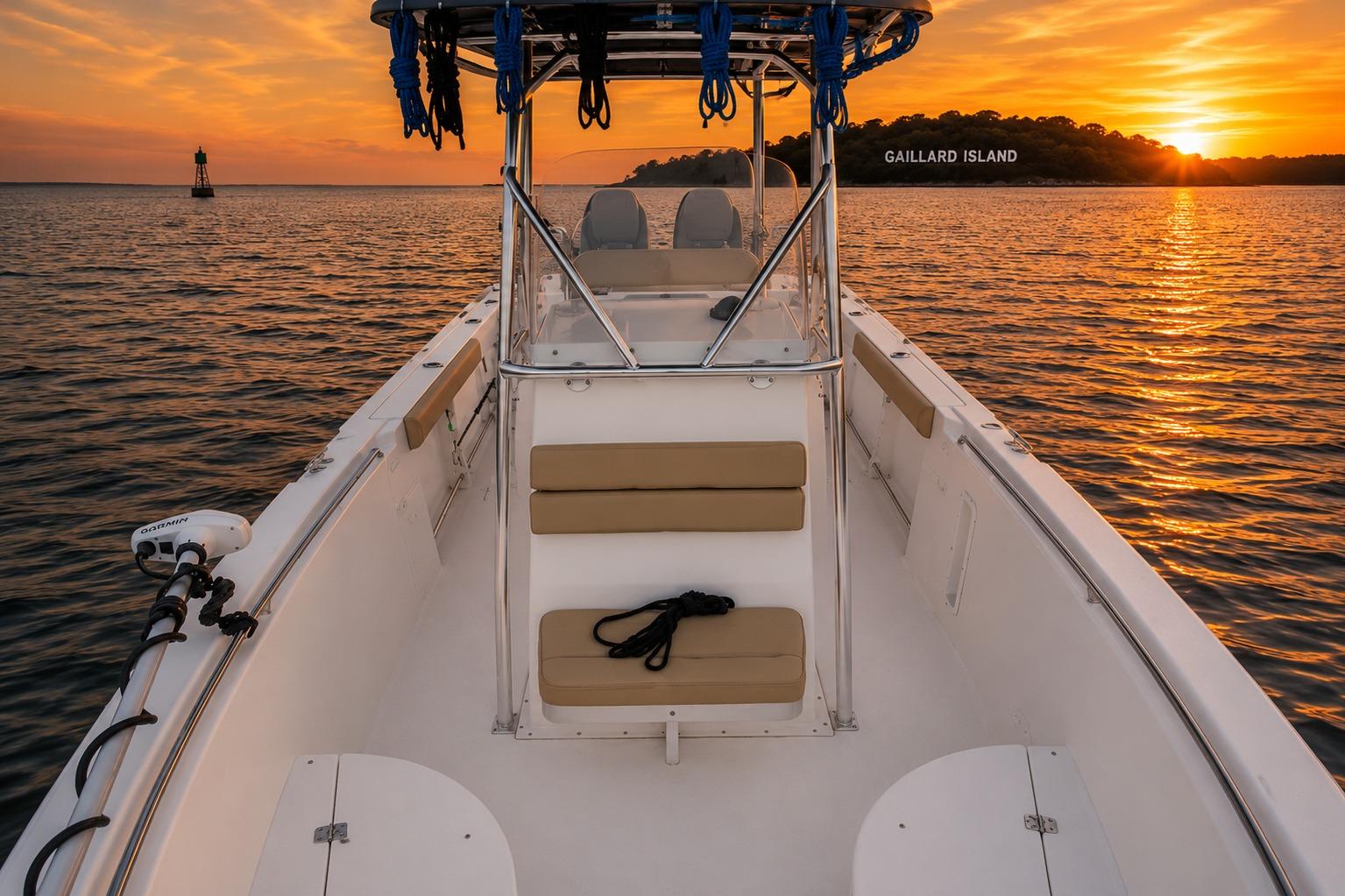 Edgewater 245CC boat on water at sunset near Gaillard Island, 2004 model.