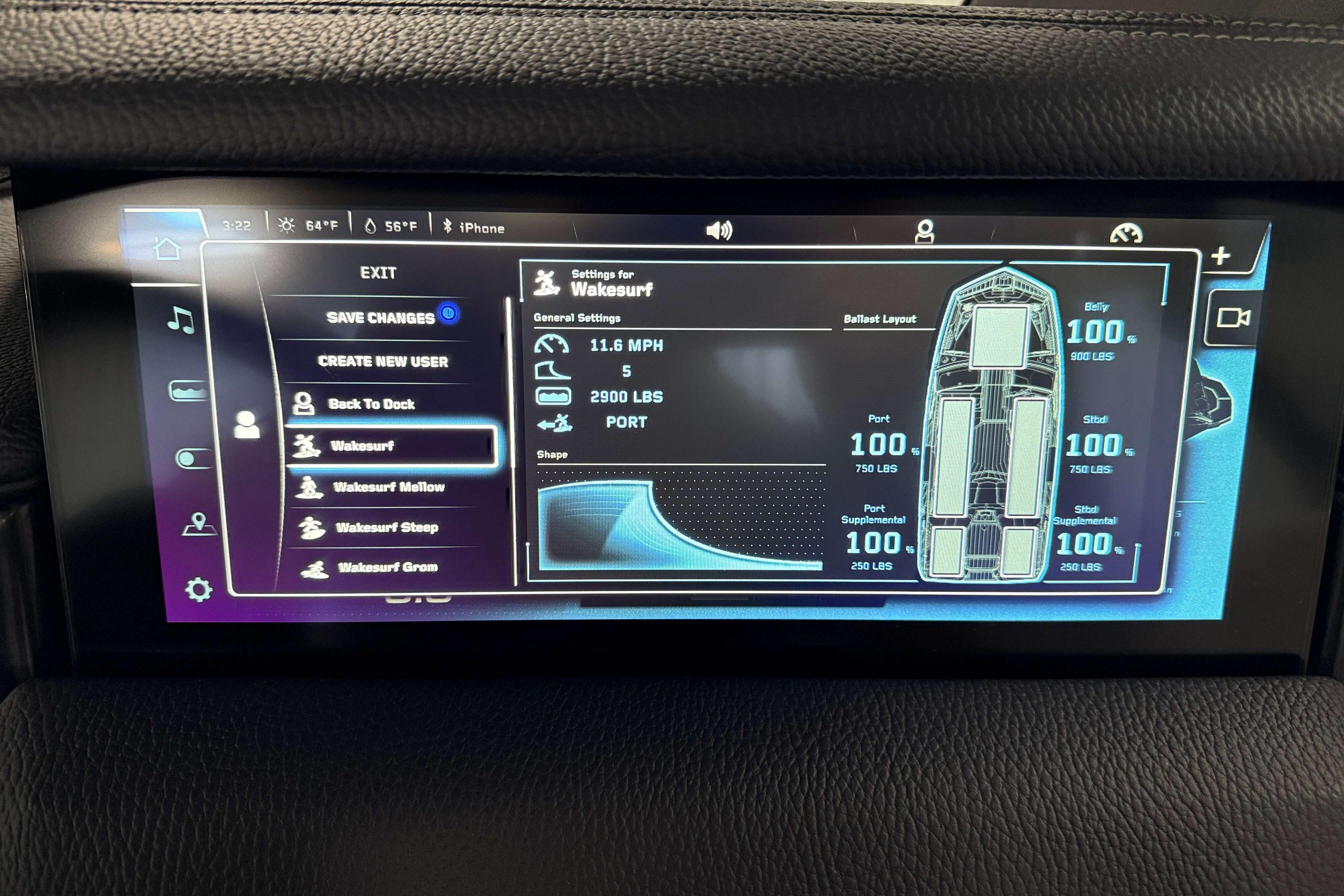 Touchscreen display of 2026 Nautique Super Air Nautique GS22 showing wakesurf settings and ballast layout.