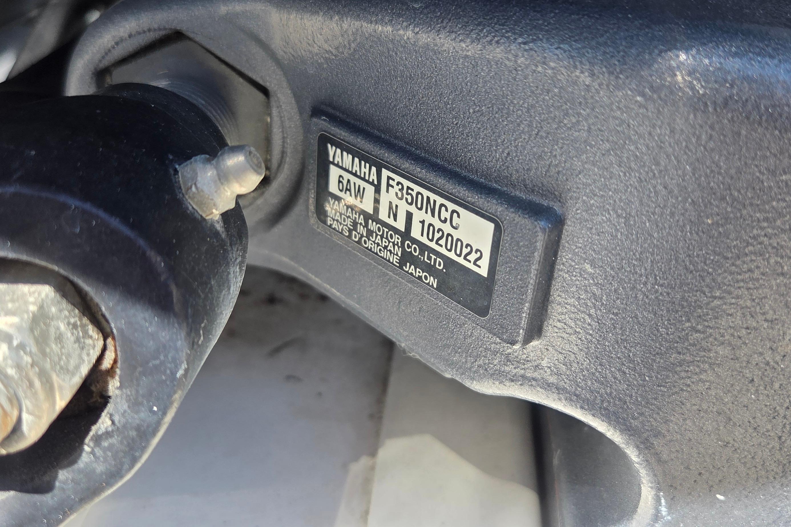 Close-up of Yamaha F350NCC engine label on 2021 Sea Fox 328 Commander boat.