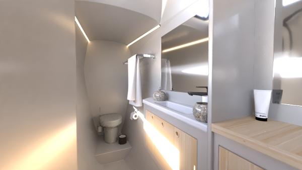 Modern bathroom in 2024 Catamaran Cruisers Power Cat, featuring sleek design and ample lighting.