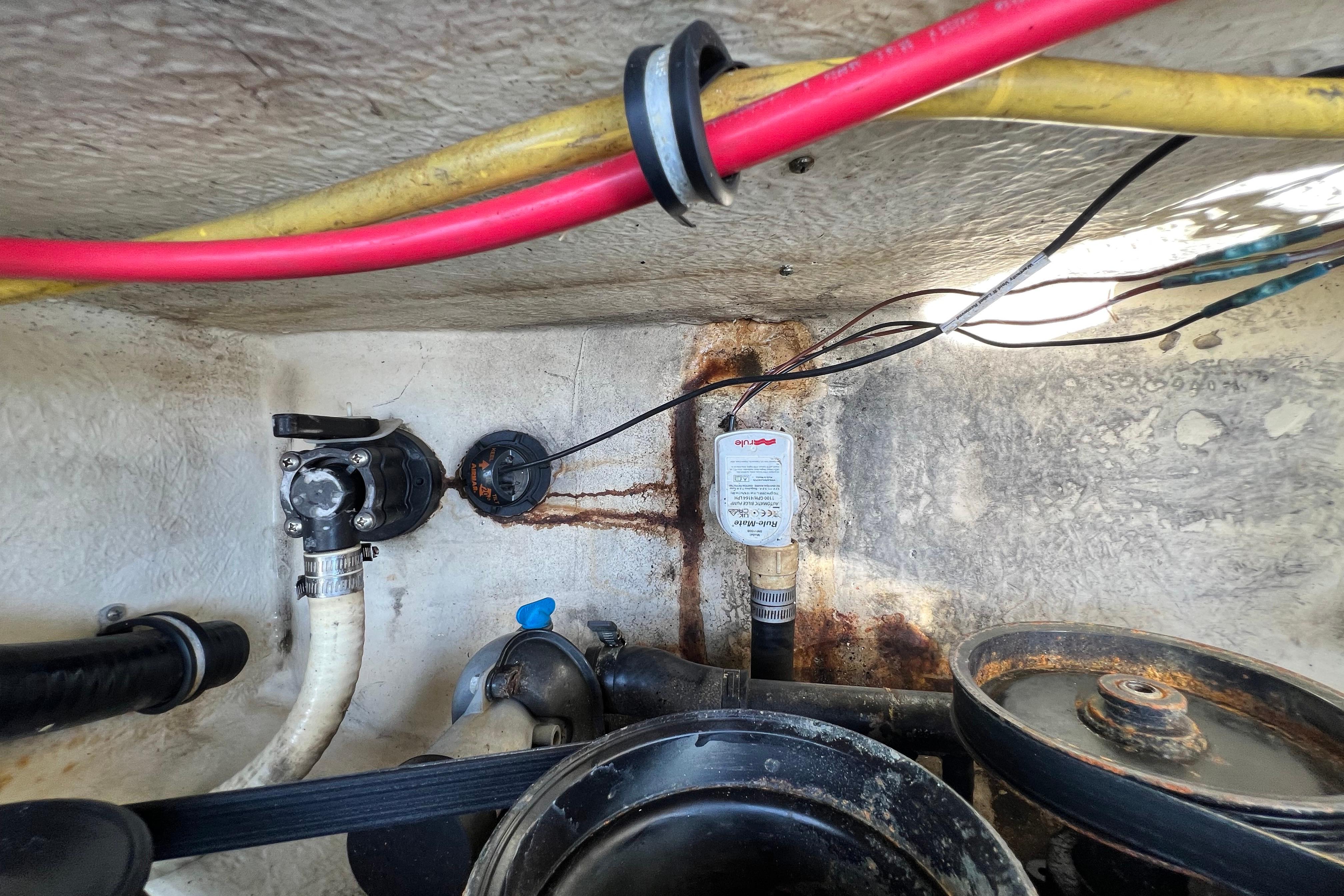 Engine compartment of a 2015 Monterey 268SS Super Sport boat, showing wiring and components.