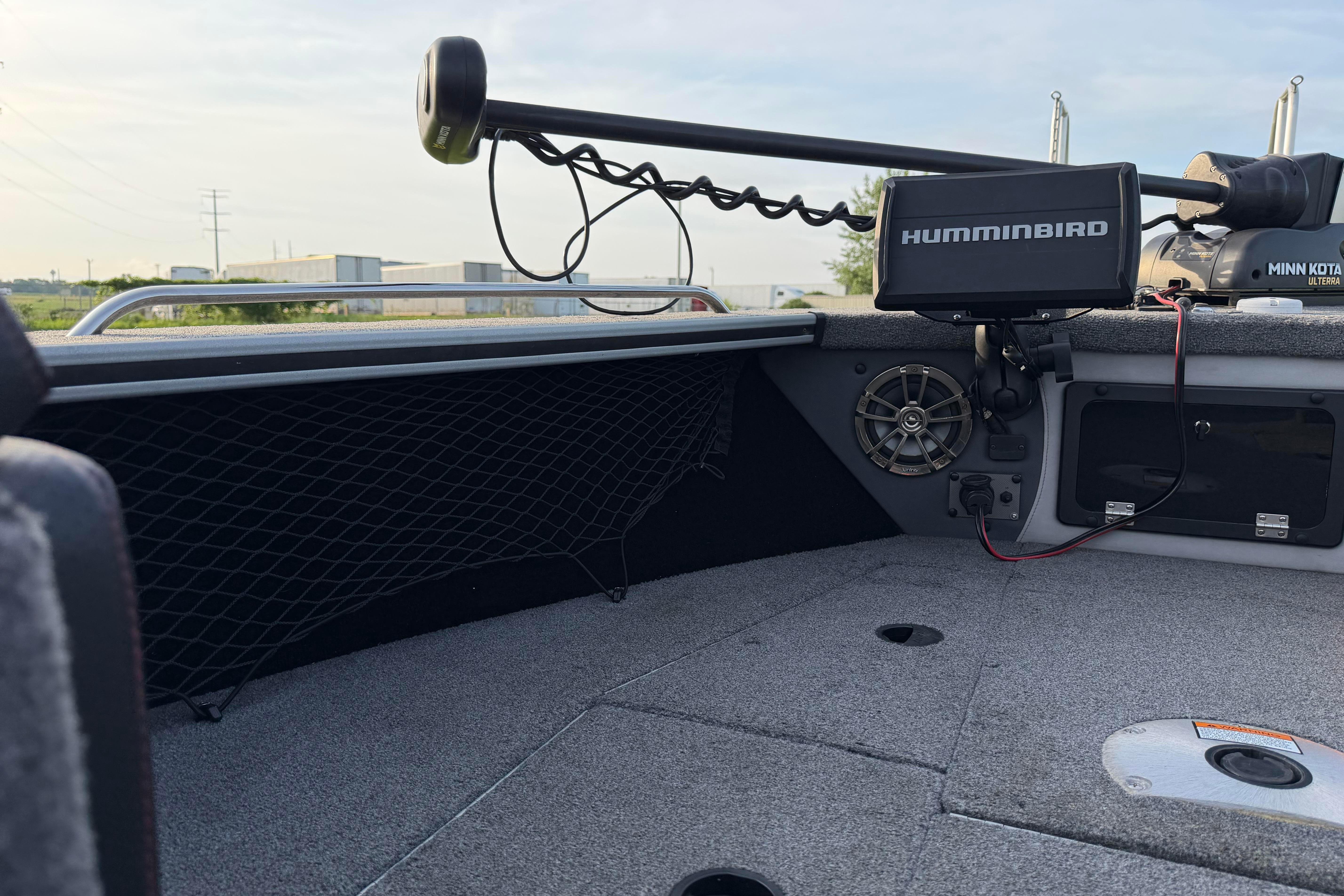 2019 Alumacraft Trophy 205 boat interior with Humminbird fish finder and Minn Kota trolling motor.