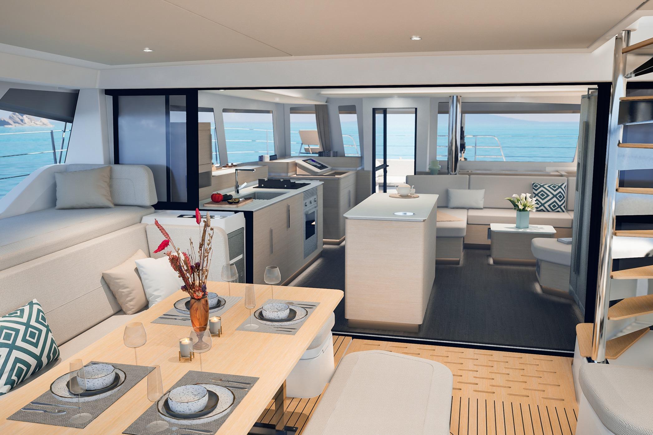 Luxurious interior of 2026 Fountaine Pajot FP 55 catamaran with elegant dining and seating areas.