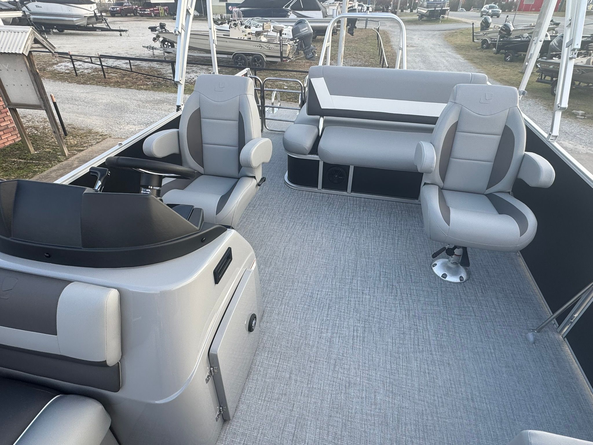 Interior of the 2026 Landau 23 Island Breeze pontoon boat.