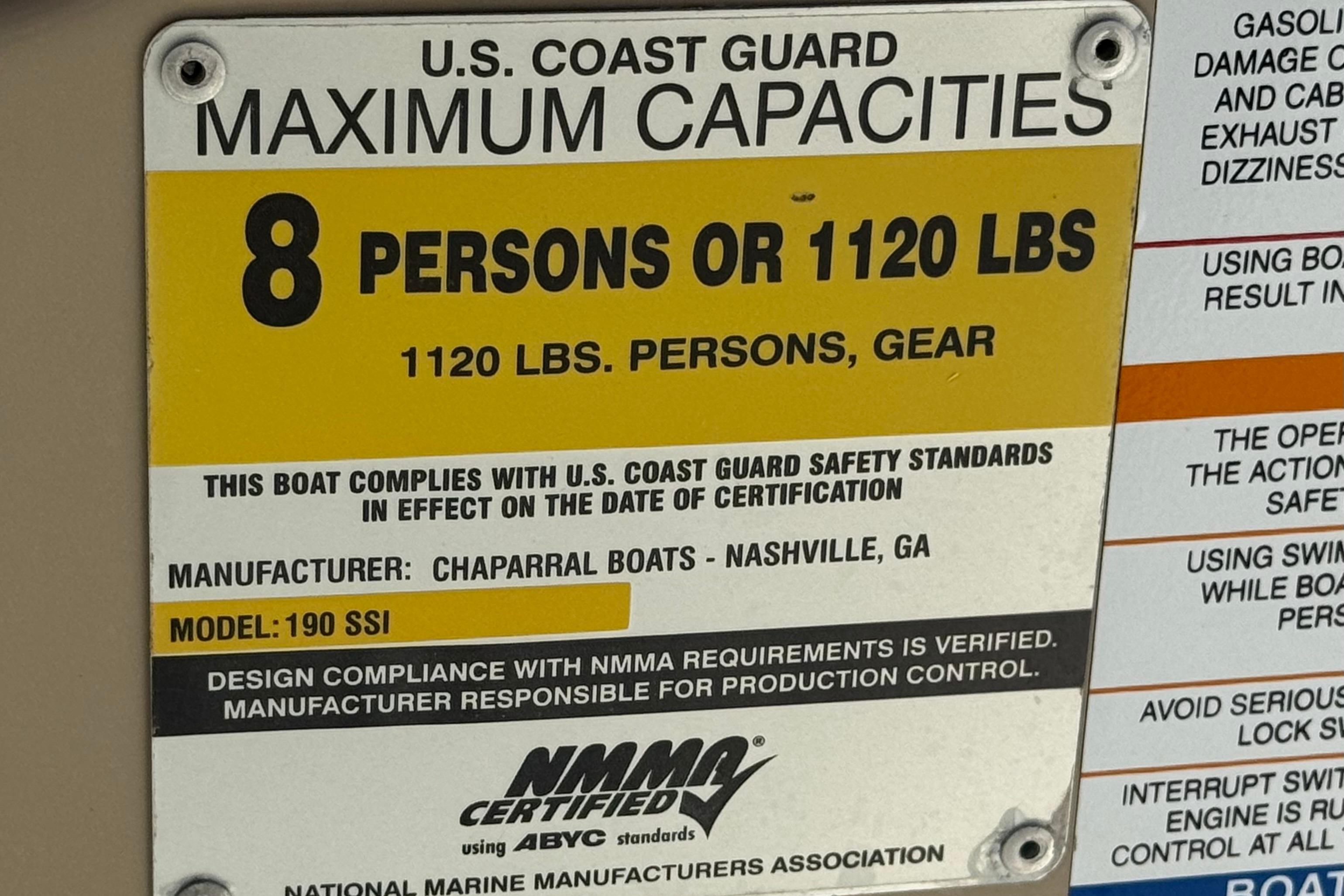 2006 Chaparral 190 SSi capacity plate, U.S. Coast Guard certified for 8 persons or 1120 lbs.