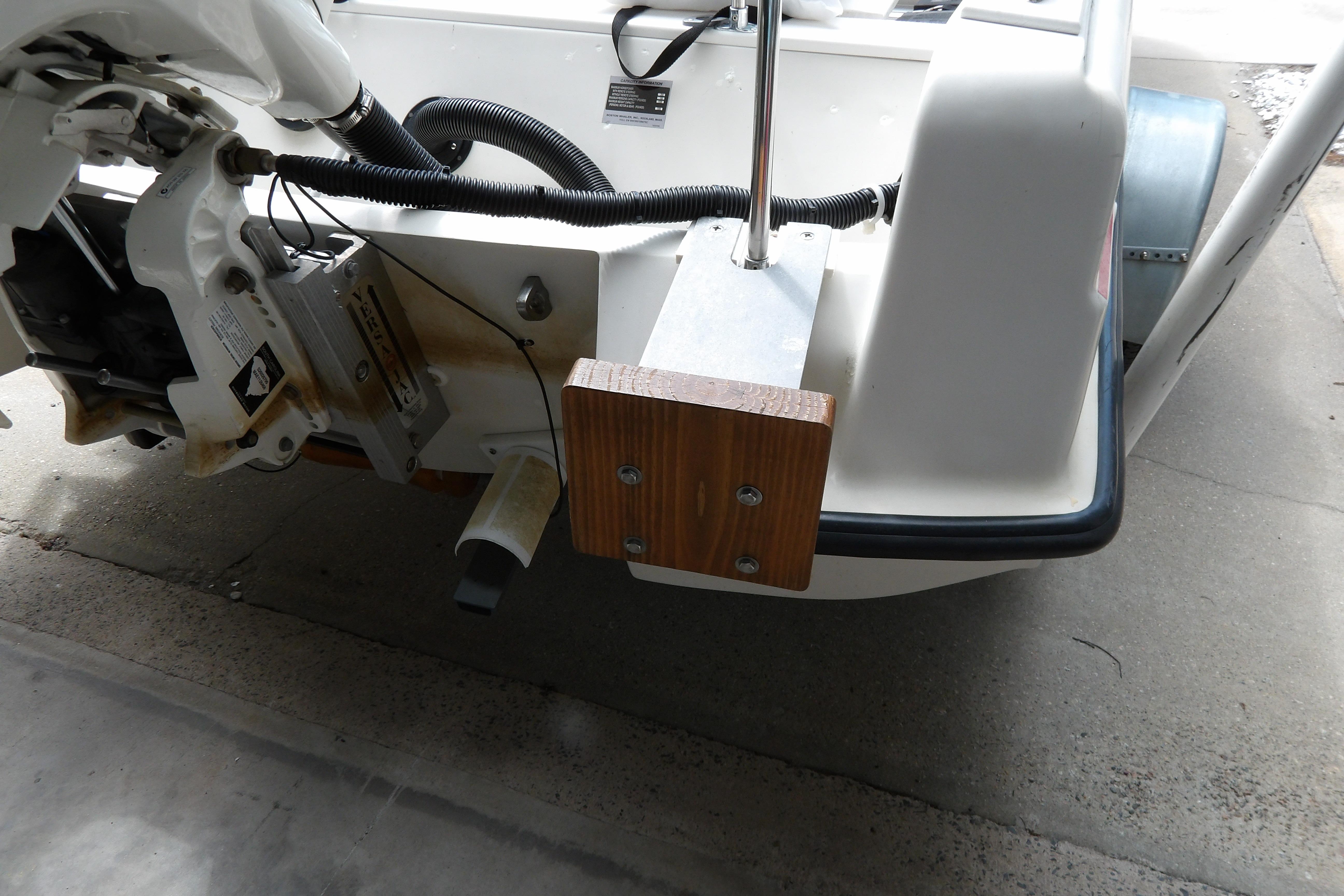 1978 Boston Whaler 21 Revenge boat stern with motor mount and wiring details.