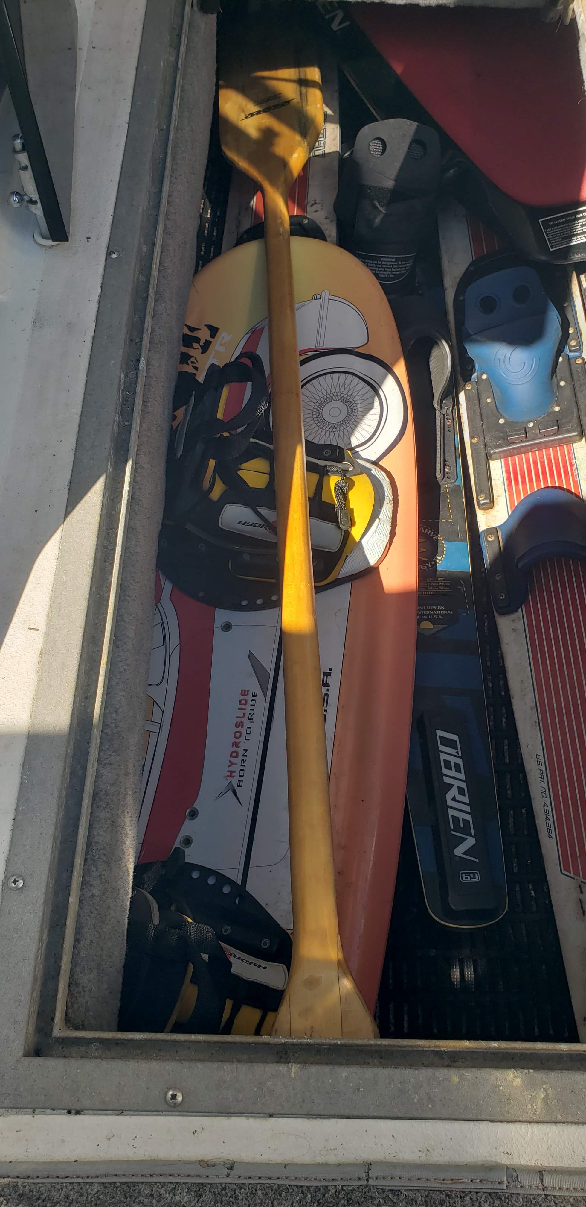 Watersports gear stored in a 1993 Cobalt 272 boat.