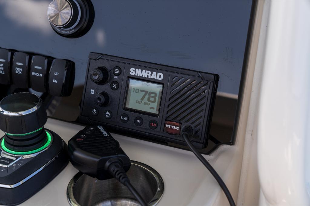 Simrad marine electronics on 2024 Boston Whaler 280 Dauntless boat dashboard.