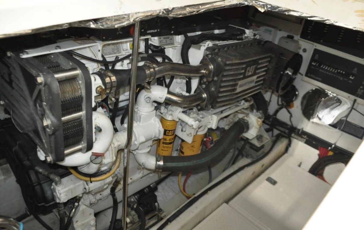 Engine room of a 2005 Tiara Yachts 5200 Sovran with a CAT engine.