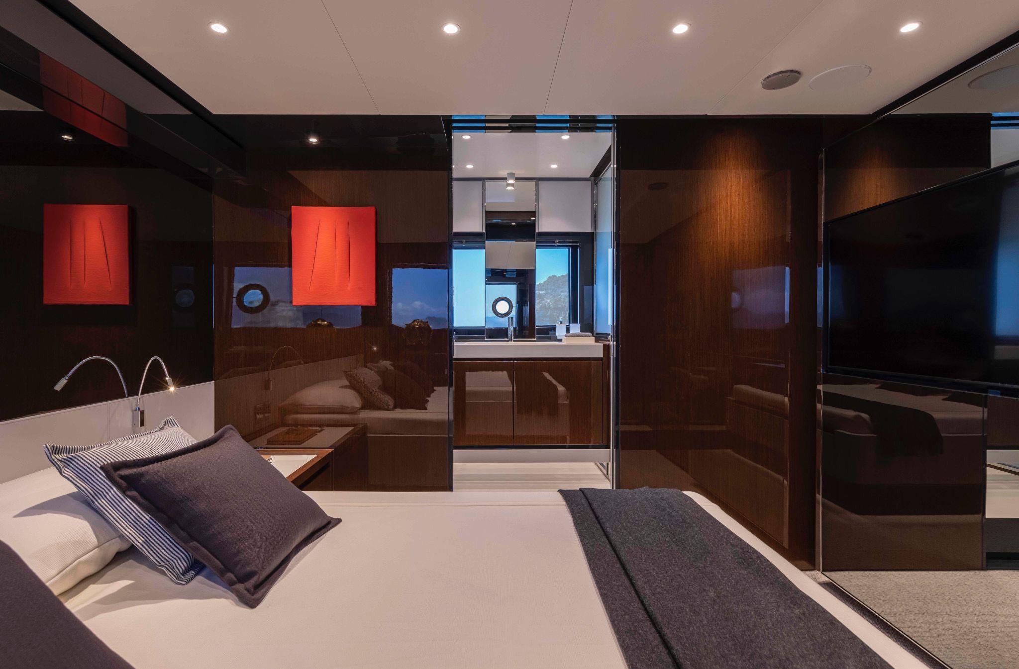 Luxurious interior of 2024 Riva 68 Diable yacht with modern design and elegant furnishings.