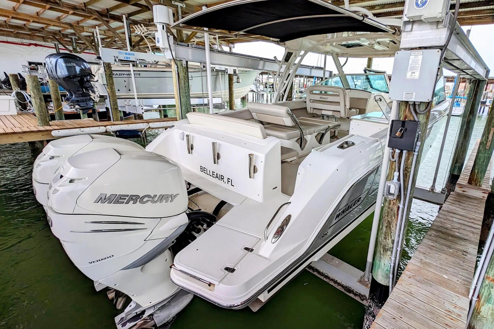 2017 Boston Whaler 320 Vantage docked with twin Mercury engines in Belleair, FL.