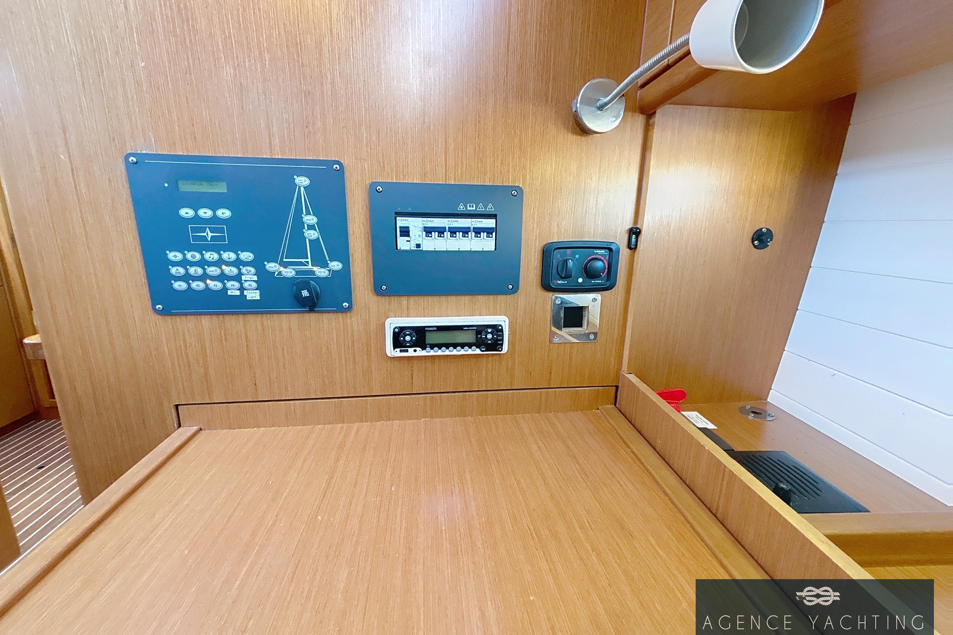 Control panel inside 2014 Bavaria Cruiser 37 yacht, featuring navigation and electrical systems.