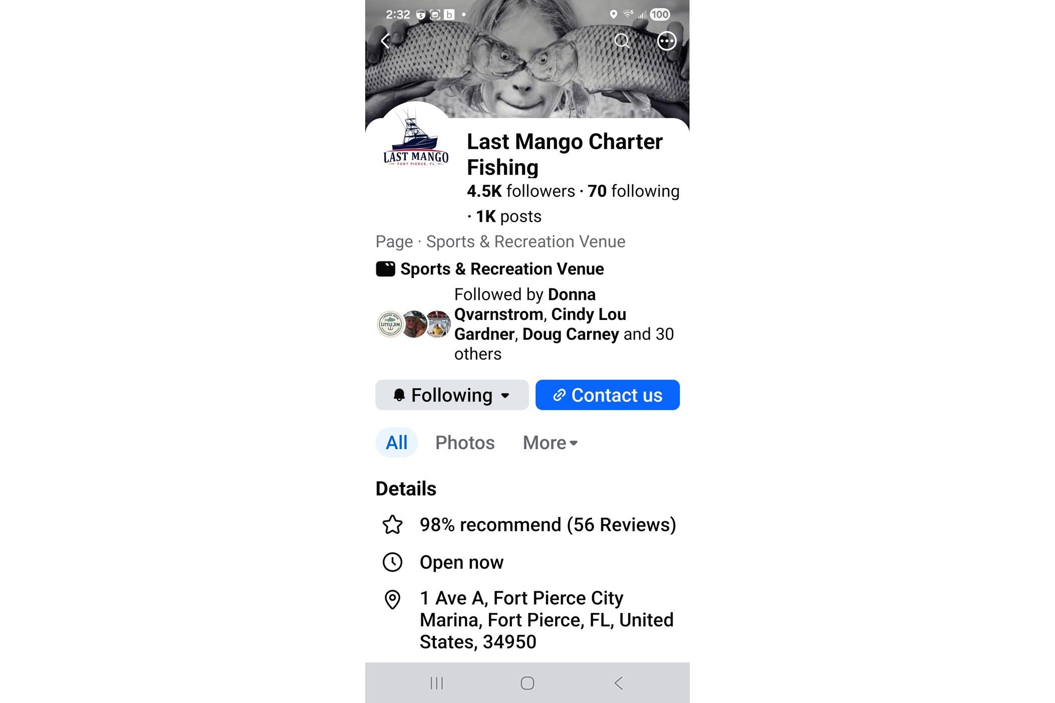 Last Mango Charter Fishing Facebook page details with contact info and location in Fort Pierce, FL.