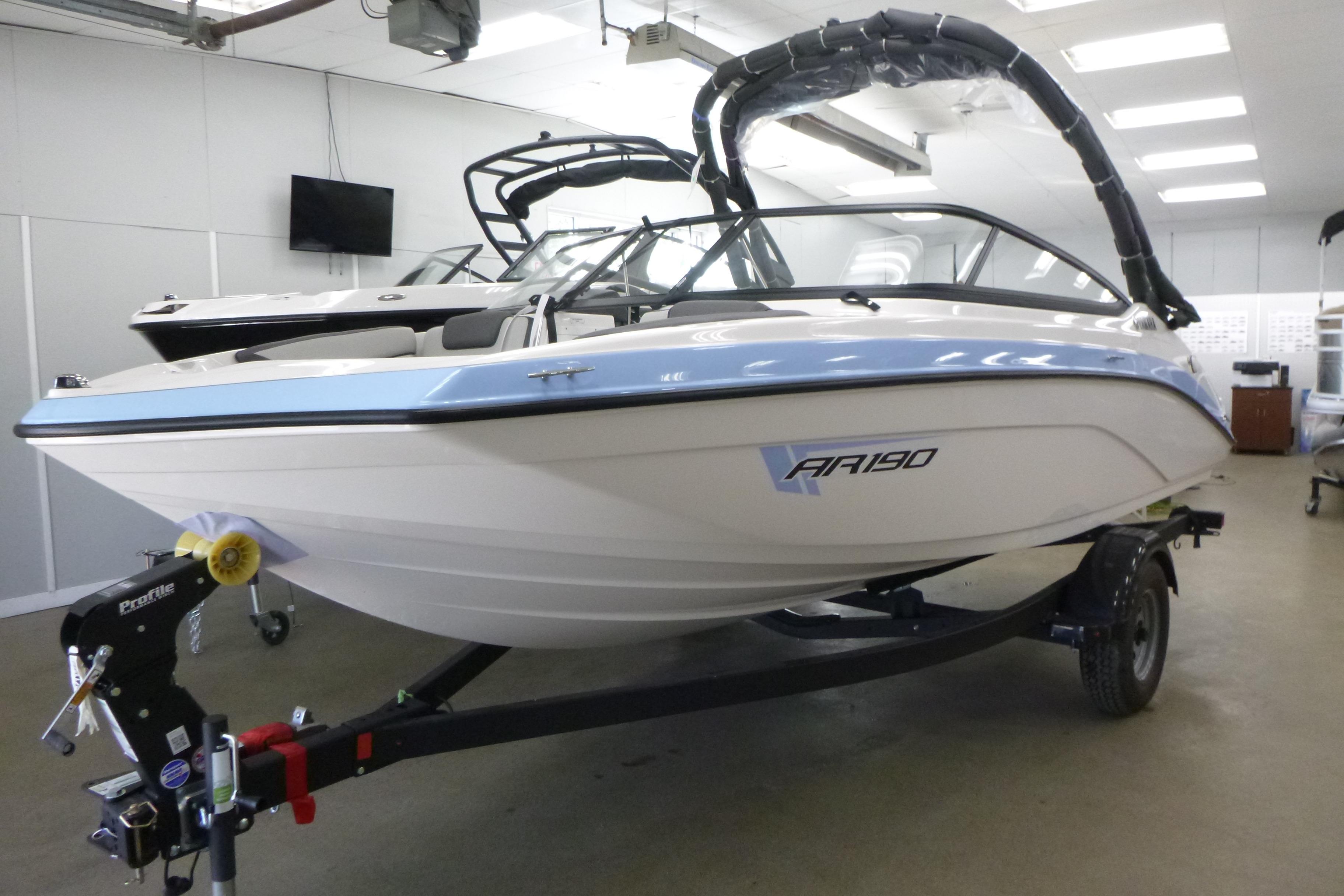 2026 Yamaha Boats AR190 on trailer in showroom, sleek design, modern features.