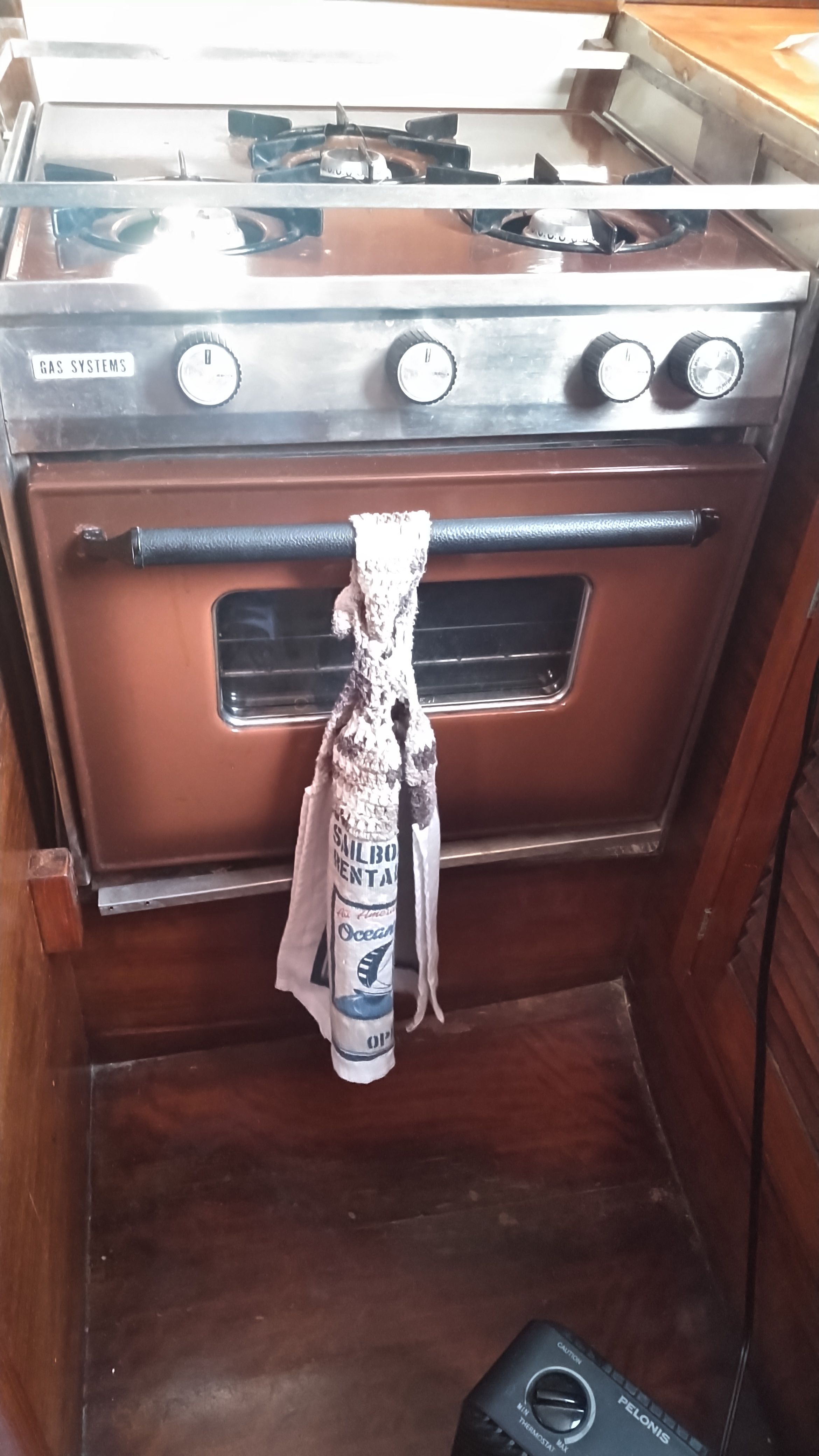 Kitchen stove in a 1978 Tartan 37 yacht.