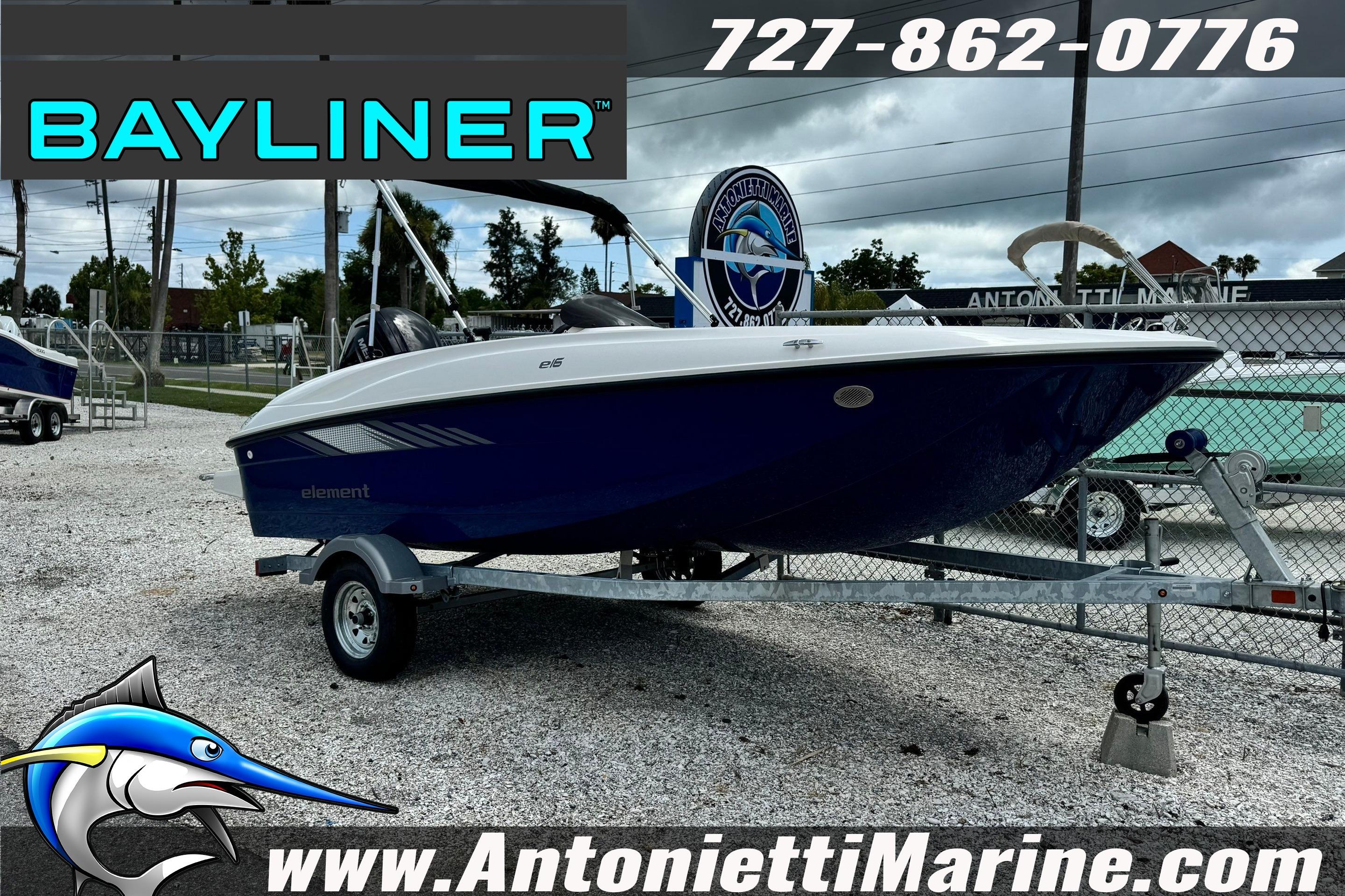 2026 Bayliner Element E16 boat on trailer at Antonietti Marine dealership.