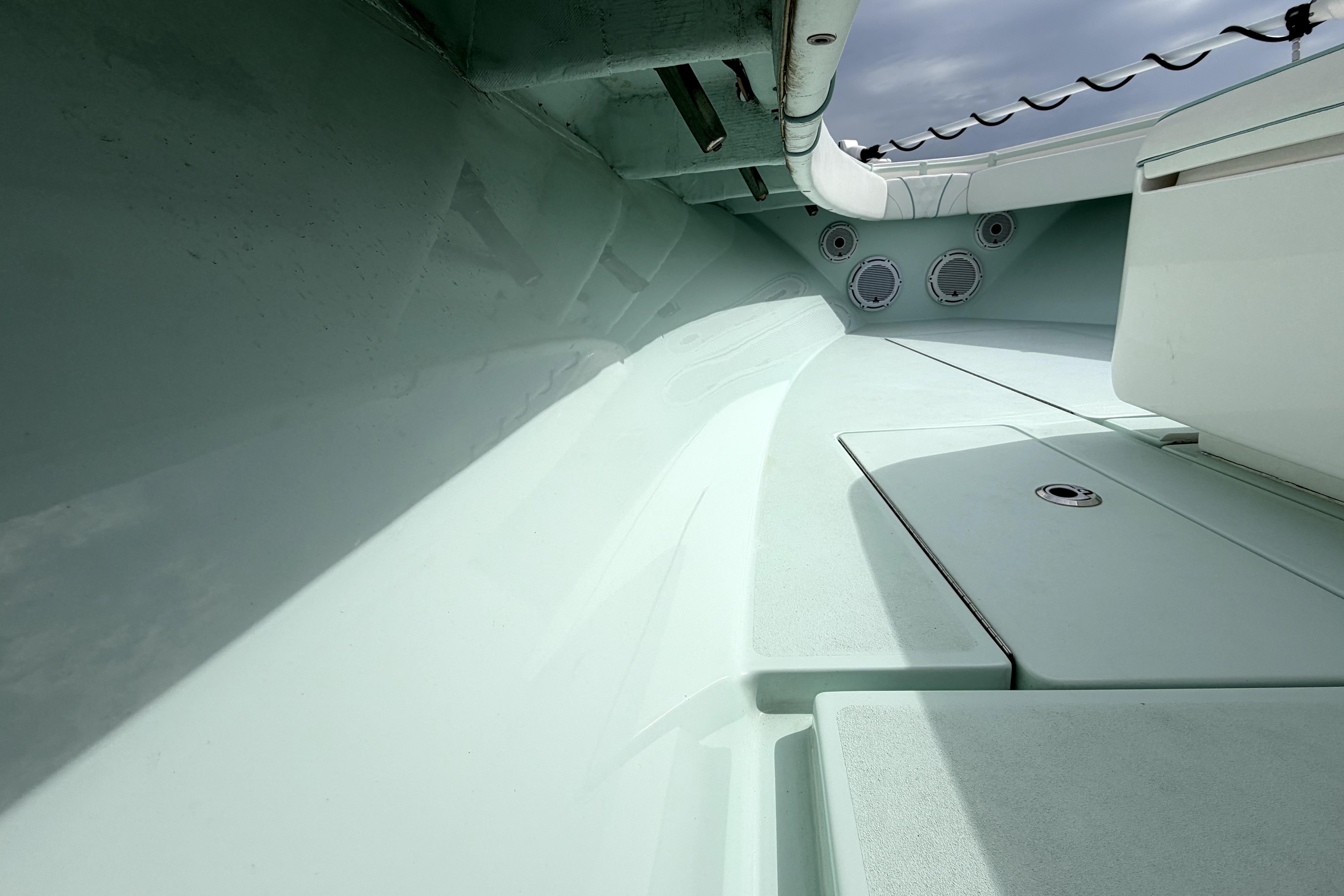 2019 Contender 30 ST boat interior, showcasing sleek design and storage compartments.