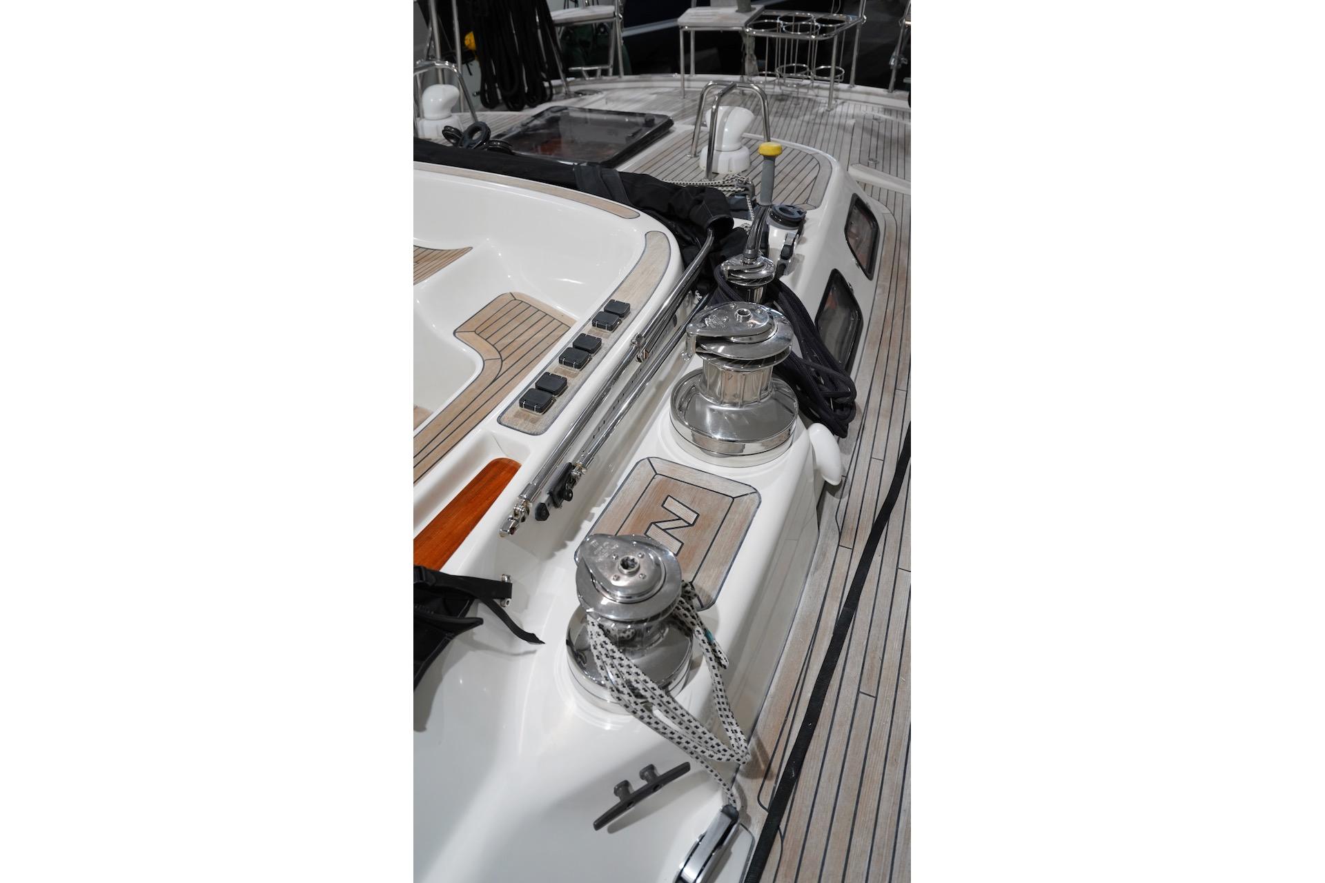 2009 Najad 511 yacht deck with winches and teak detailing.