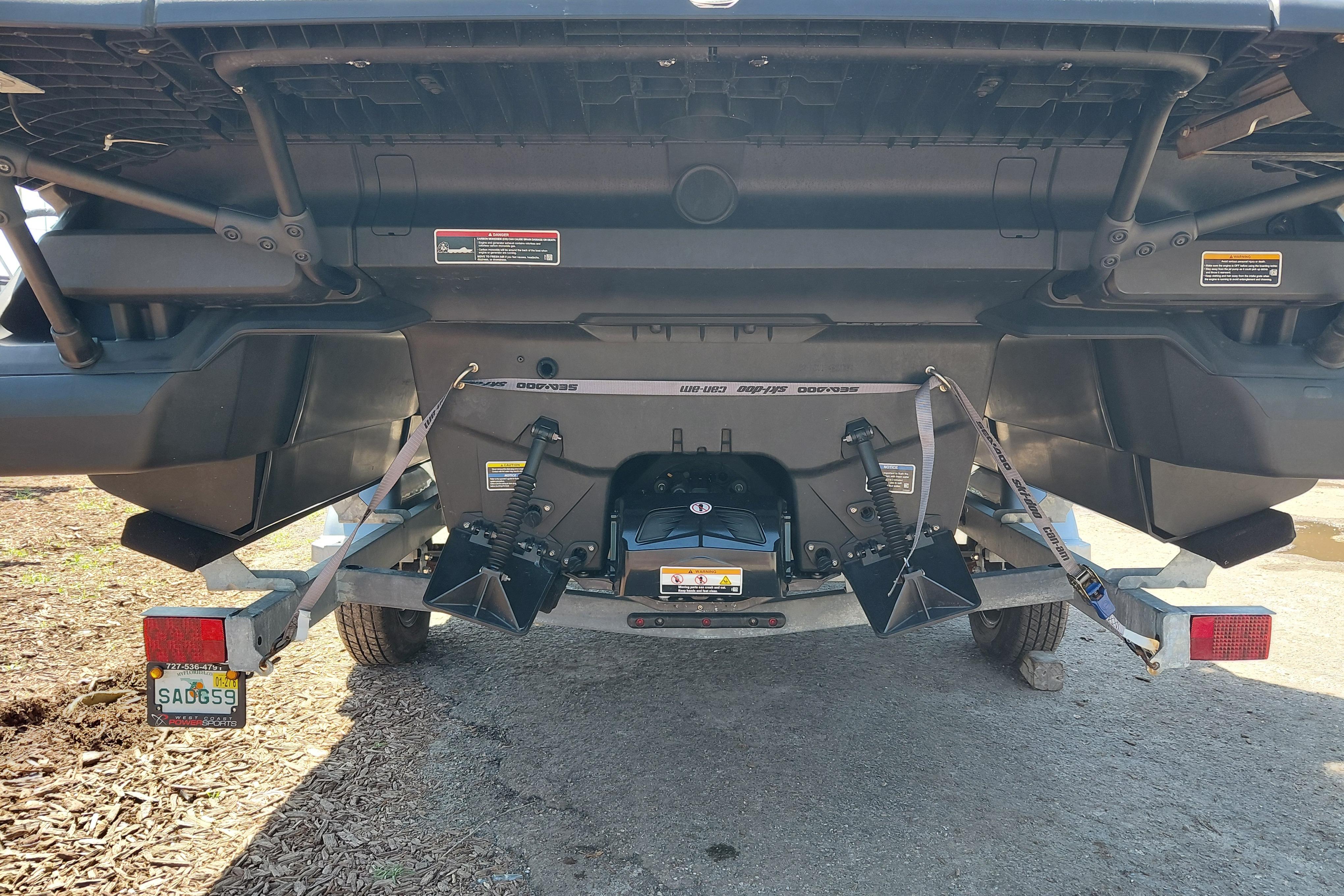Rear view of 2024 Sea-Doo Switch Cruise 18 on trailer, showcasing propulsion system.