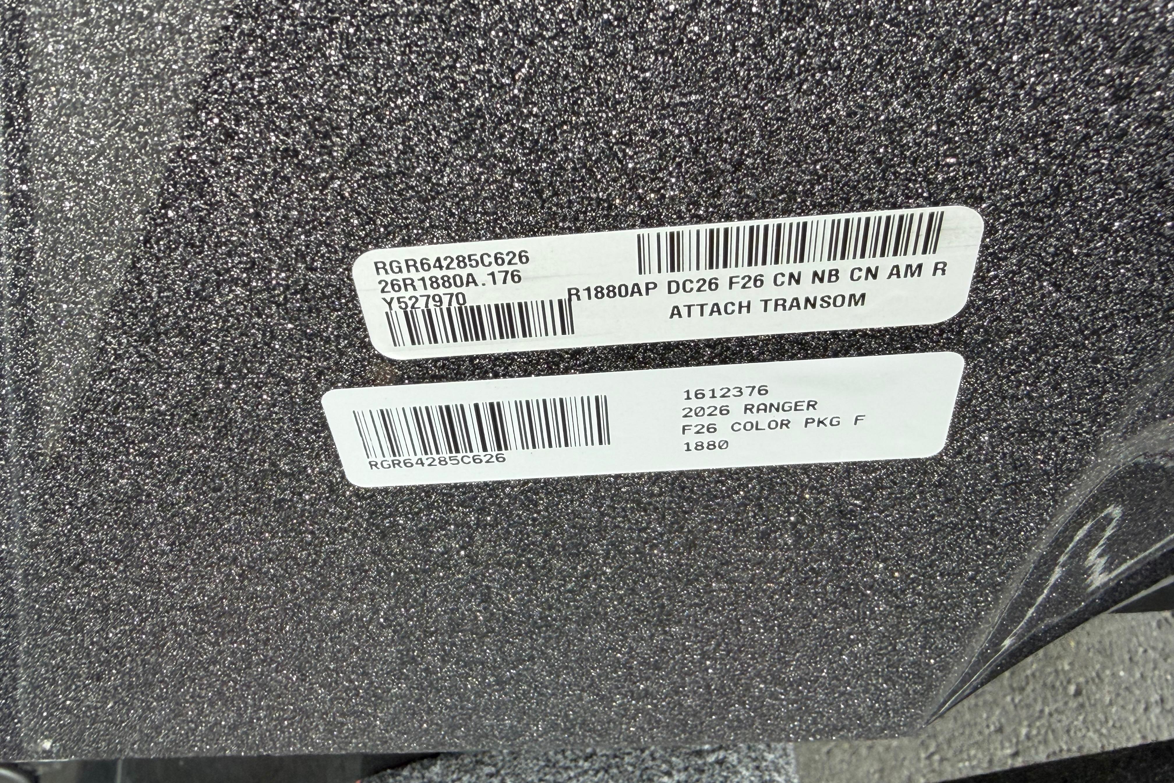 Label on 2026 Ranger 1880MS boat with serial and model information.