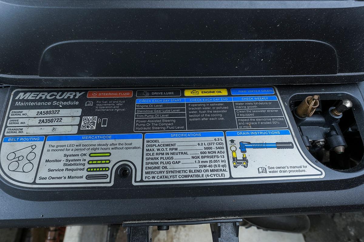 Mercury maintenance schedule label on a 2018 Sea Ray SLX 350 boat engine.