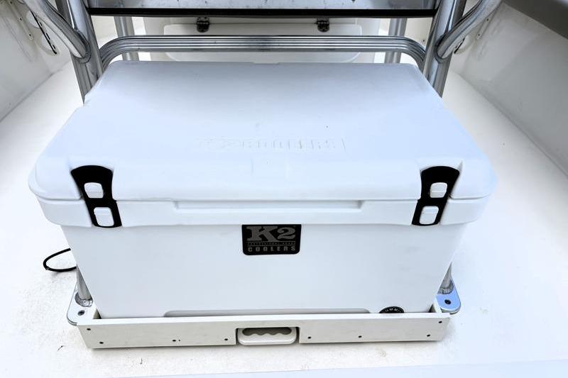 White K2 cooler on 2025 Key West 210 Bay Reef boat deck.