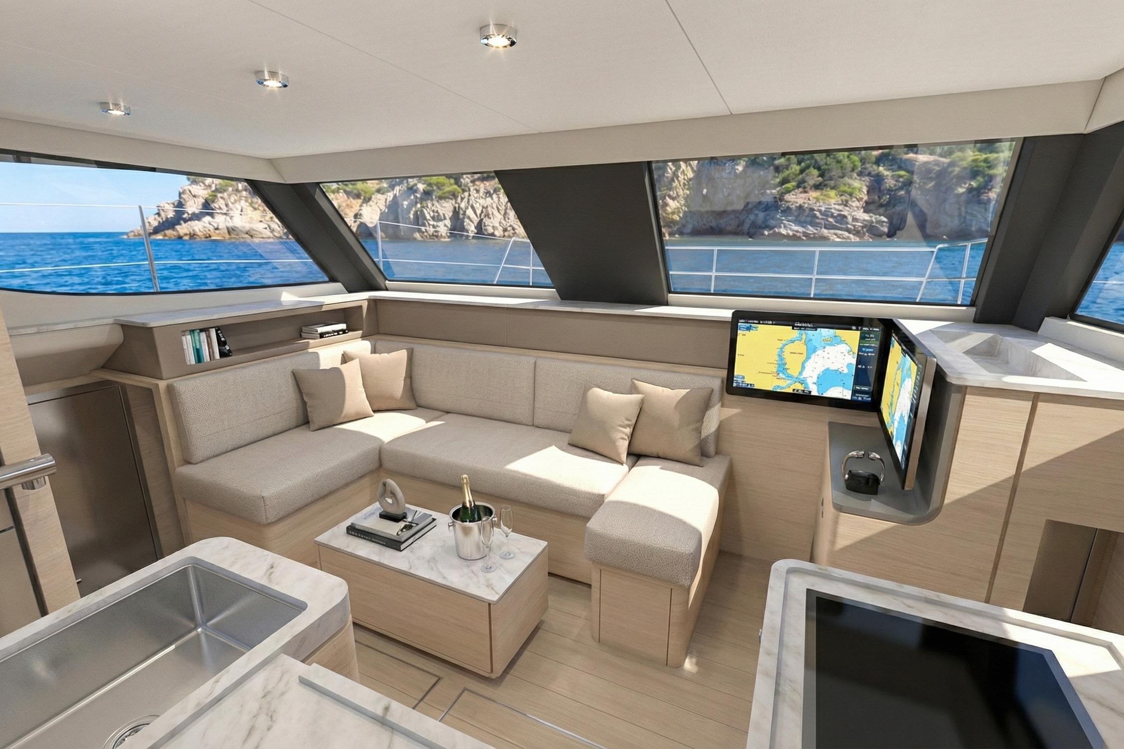 Luxurious interior of 2025 Aventura 37 Trawler with ocean view and modern amenities.
