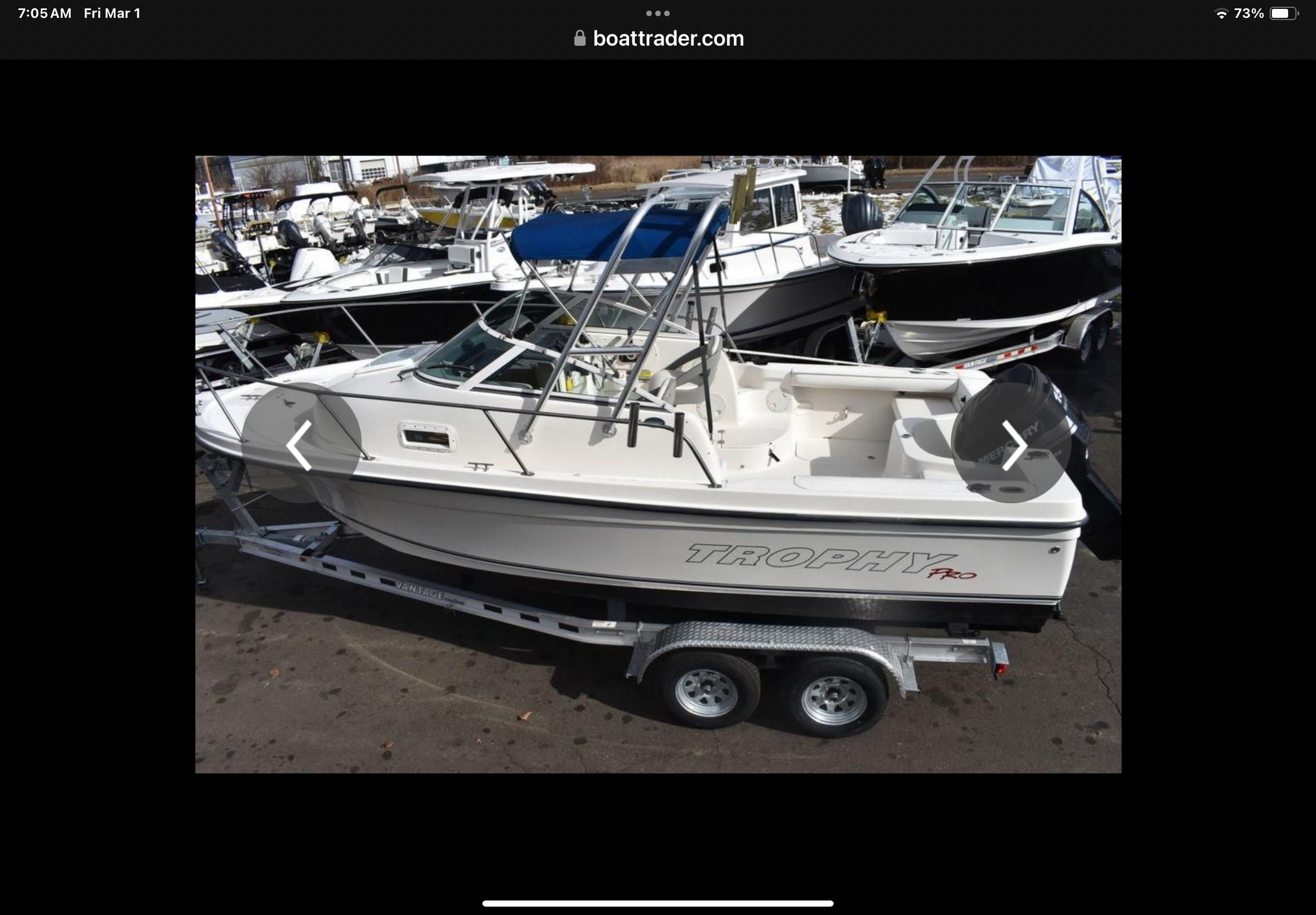 2008 Trophy 22 WA boat on trailer at marina.