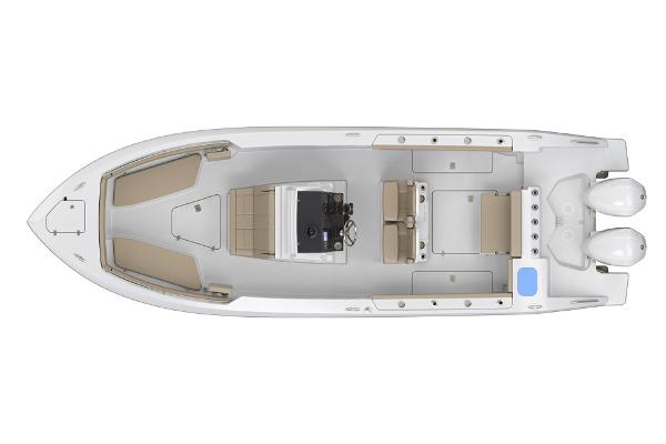 Manufacturer Provided Image: Top view of a 2021 Pursuit S 268 Sport boat with dual outboard engines.