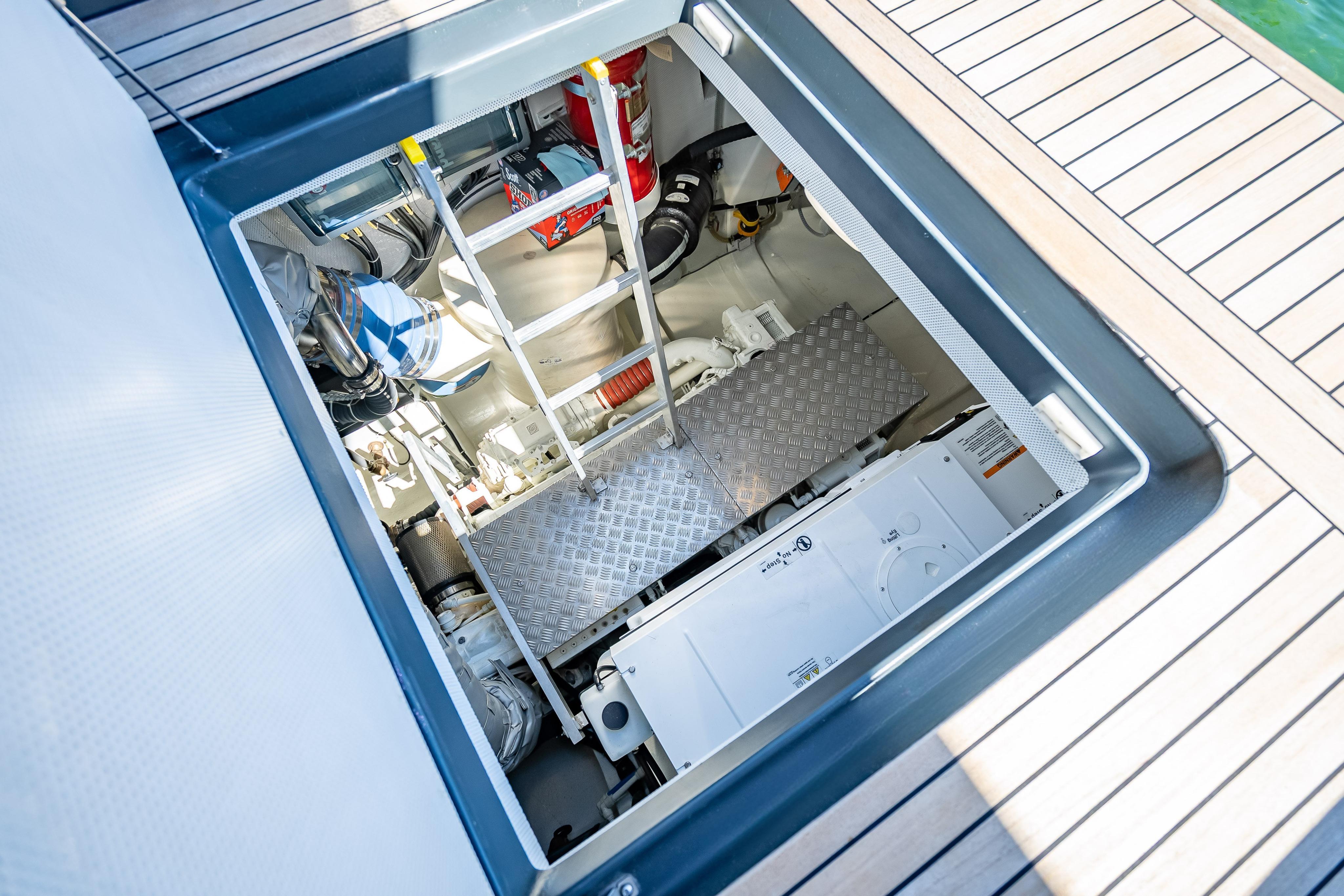 Engine room of 2026 Sunreef 60 Power yacht with visible machinery and equipment.