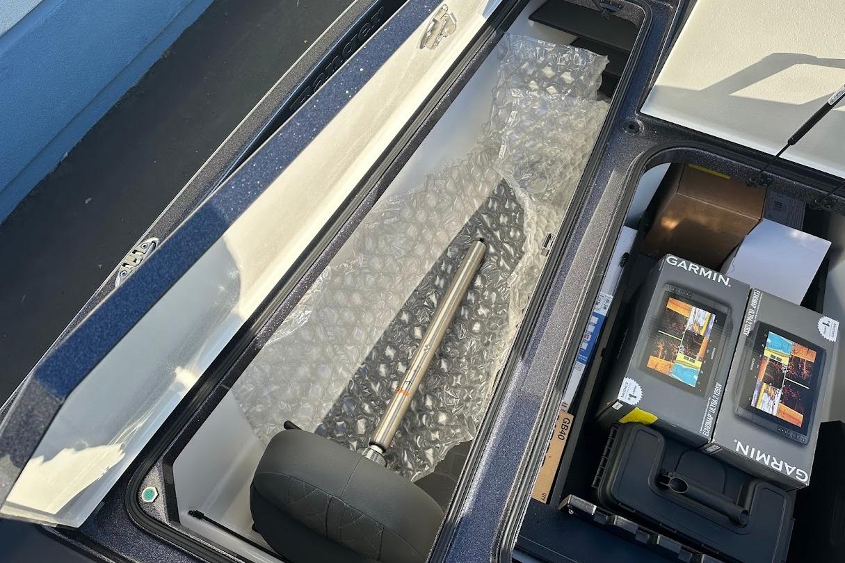 2026 Ranger Z521R boat storage with Garmin equipment and bubble wrap packaging.