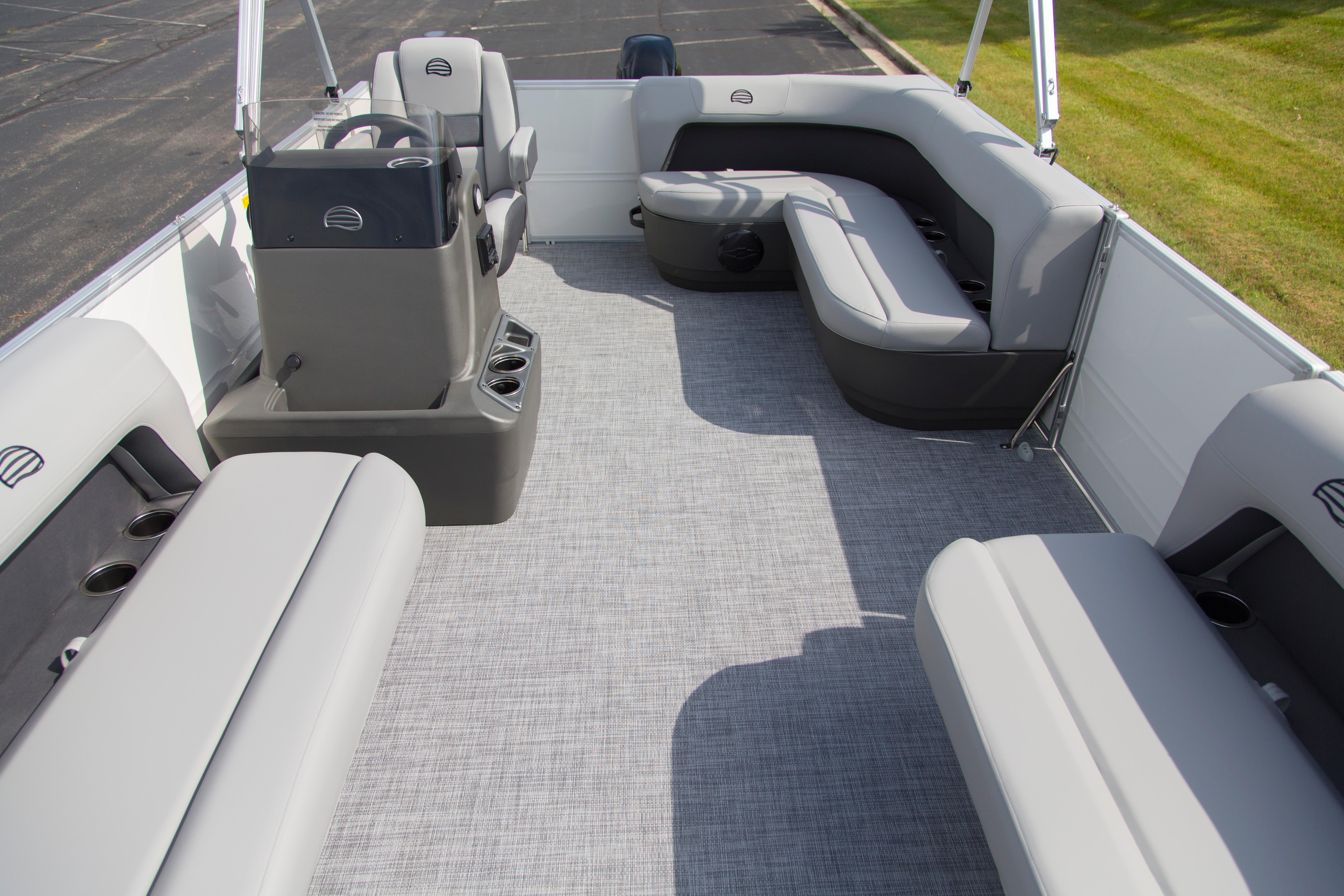 2026 Sun Tracker Party Barge 16 DLX interior with spacious seating and modern design.