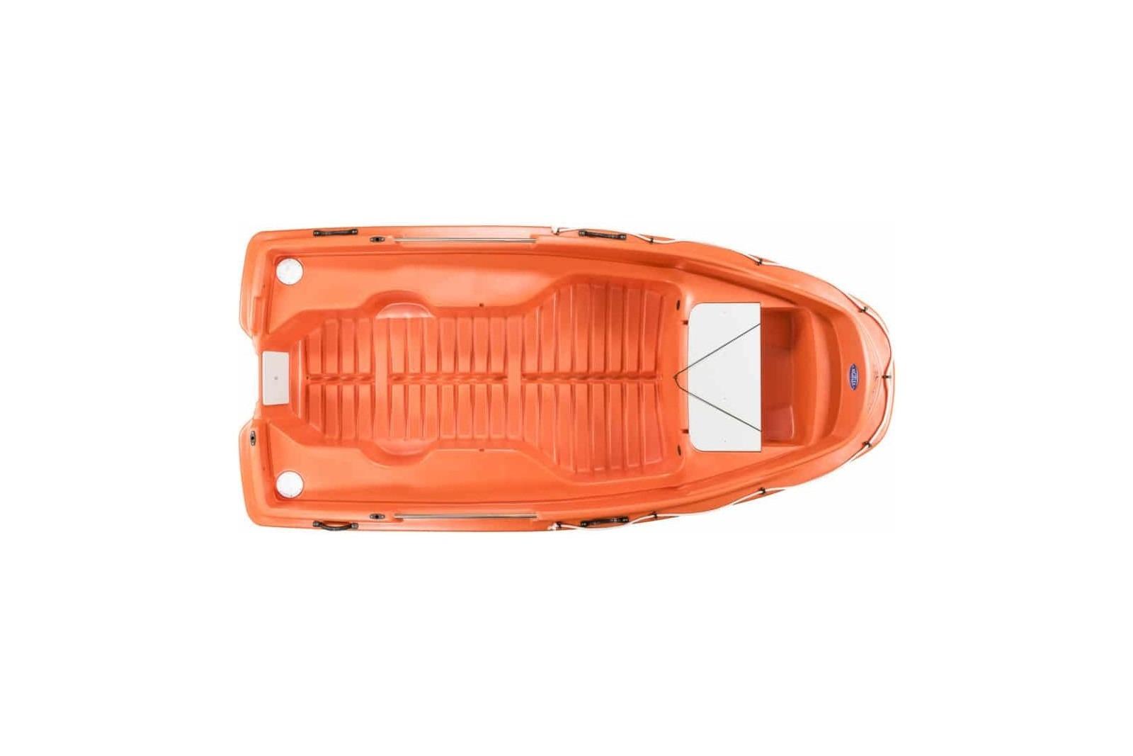 Orange Rigiflex Newmatic 360 boat, top view, 2026 model.