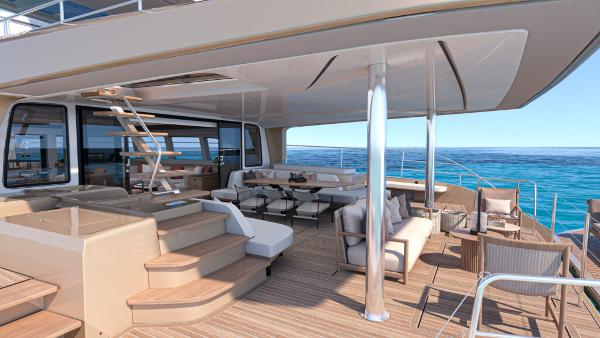 Luxurious Lagoon 83 yacht deck with modern seating, ocean view, 2025 model.