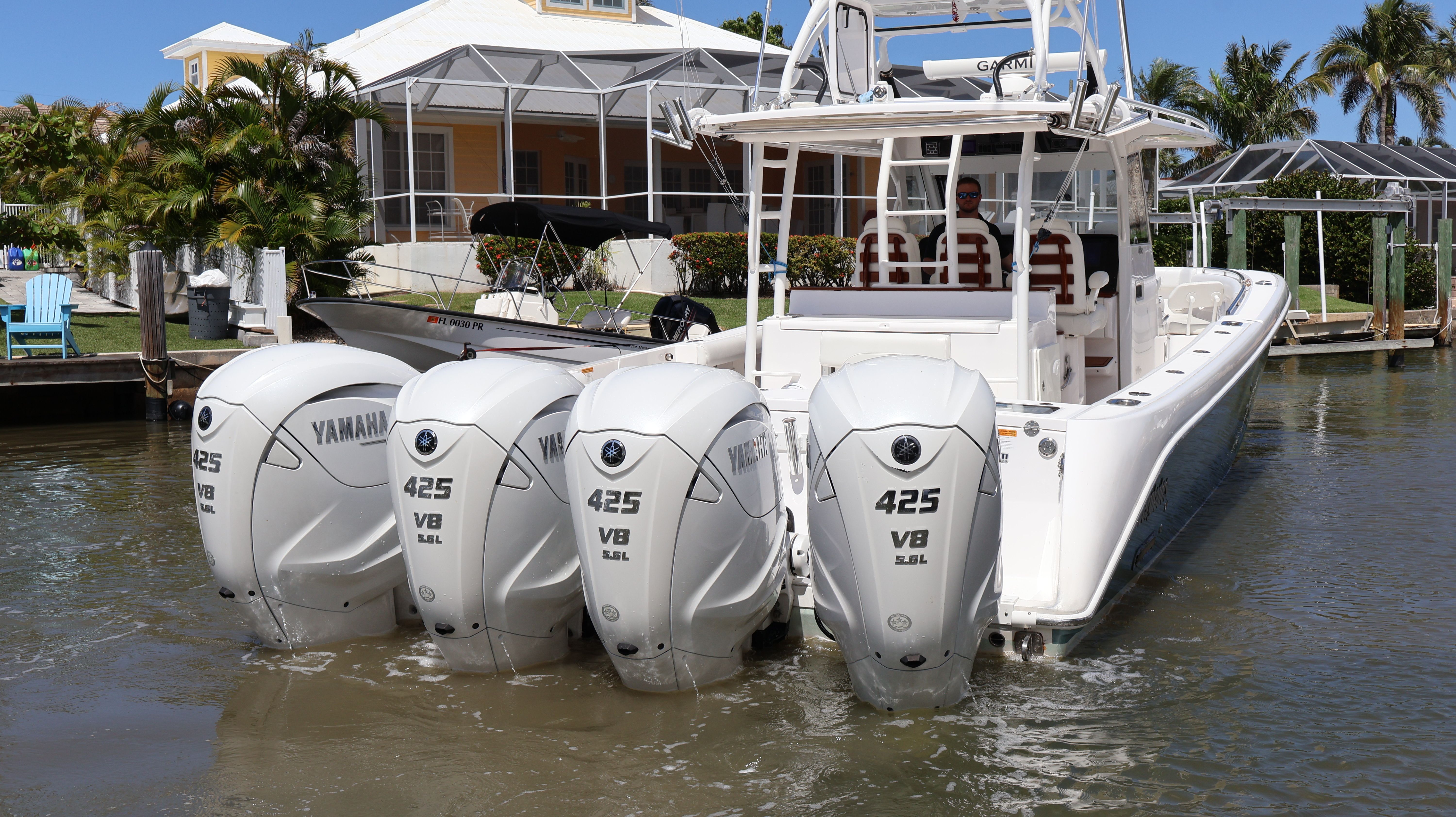 2019 Everglades 435 Center Console with four Yamaha 425 V8 engines.