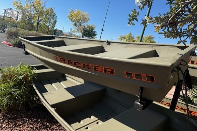 2026 Tracker Grizzly 10 Jon boat in outdoor setting, showcasing durable design.