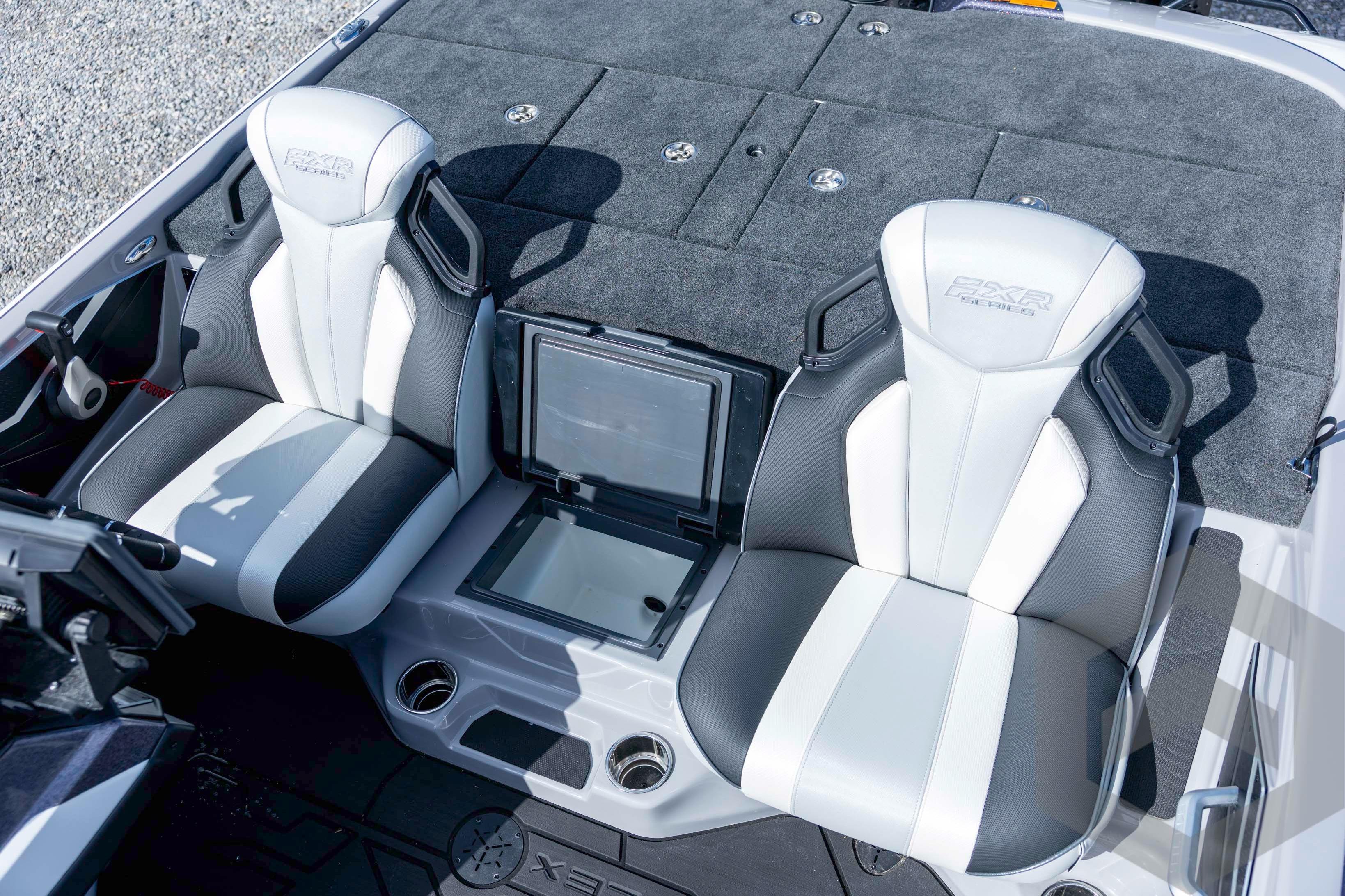 2026 Skeeter FXR20 FLEX boat seats with storage compartment, featuring sleek design and comfortable upholstery.