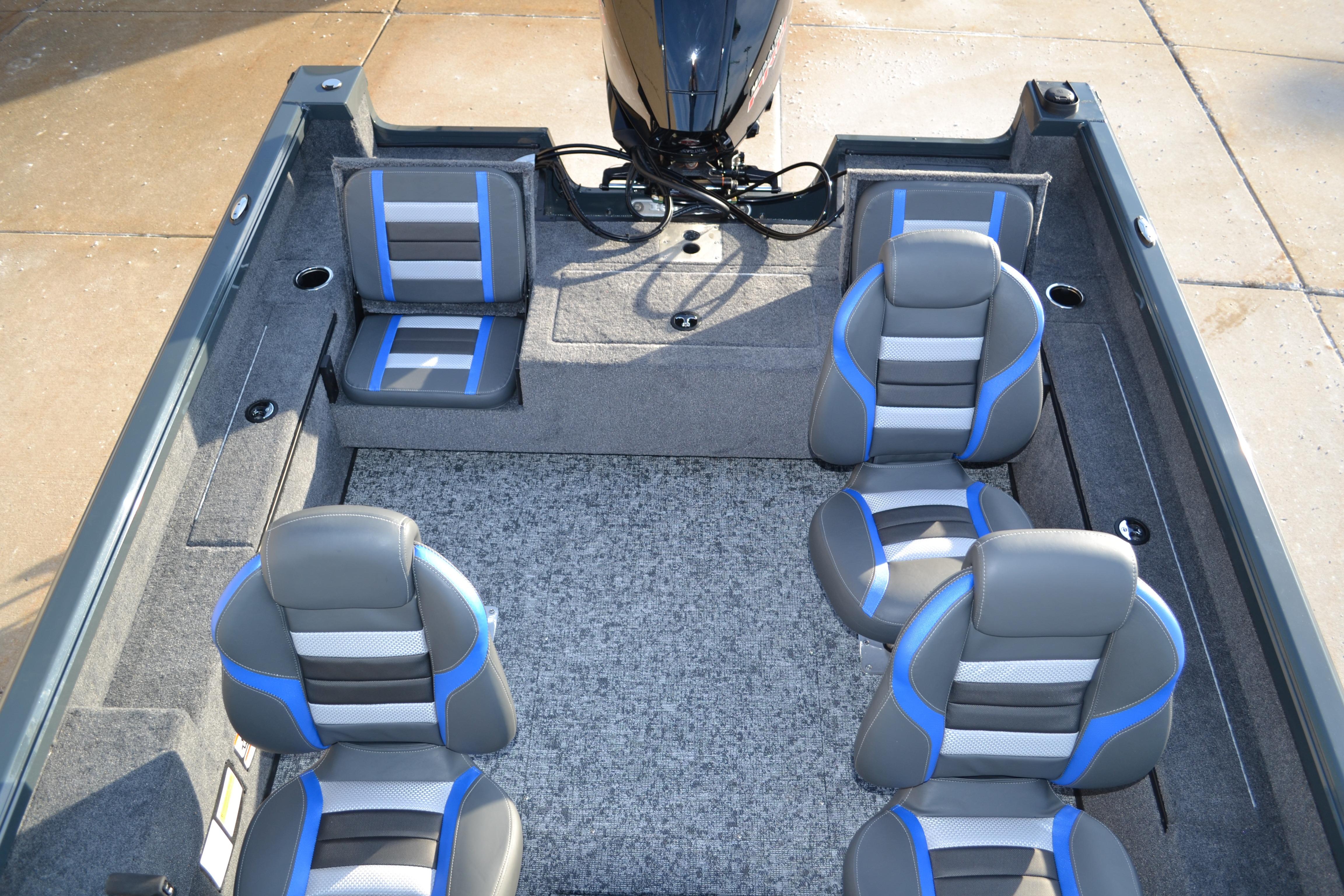 2026 Ranger VS1882SC Reata boat interior with gray and blue seating arrangement.