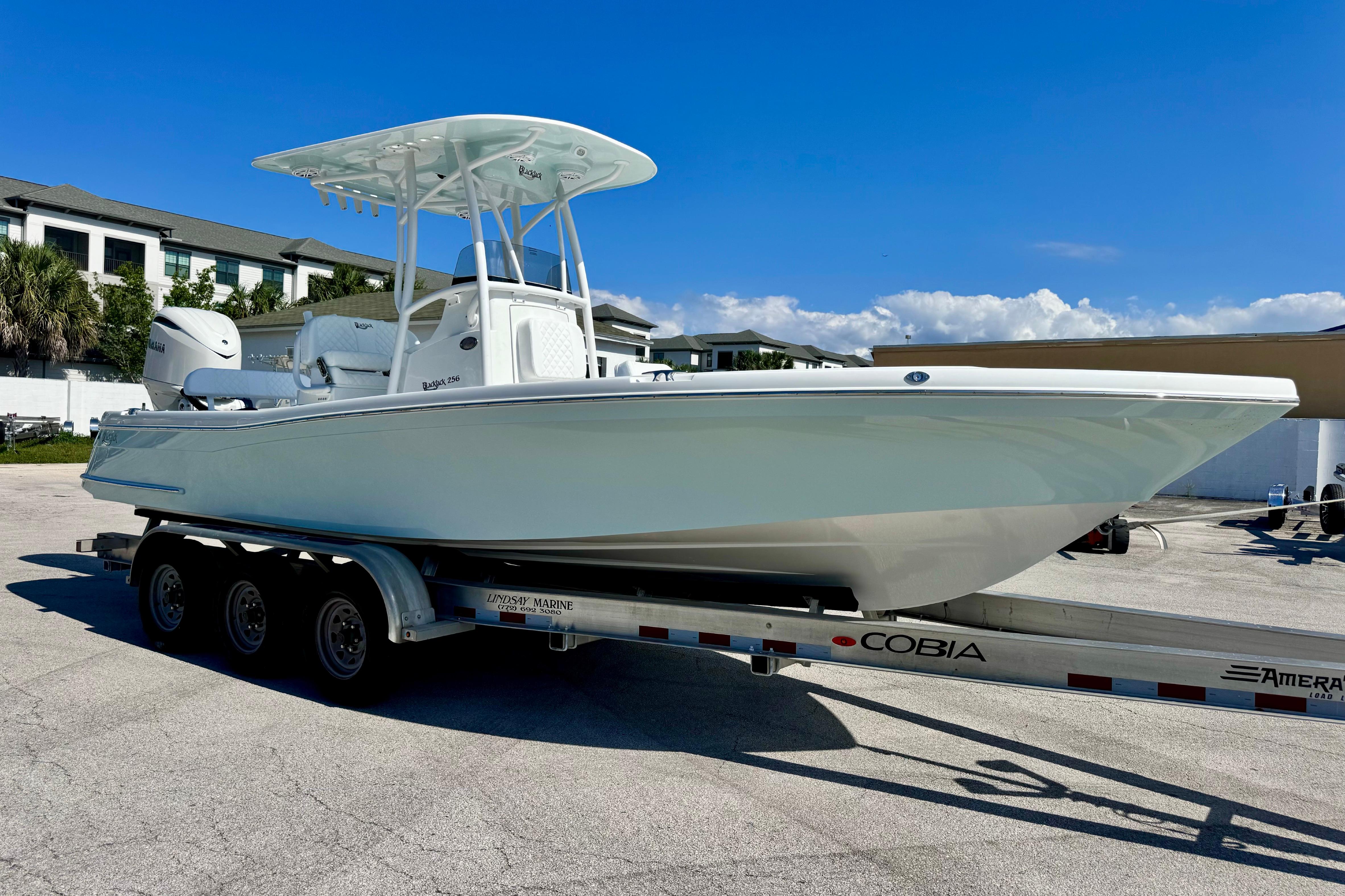 2026 BlackJack 256 Coastal boat on trailer, parked outdoors under clear blue sky.