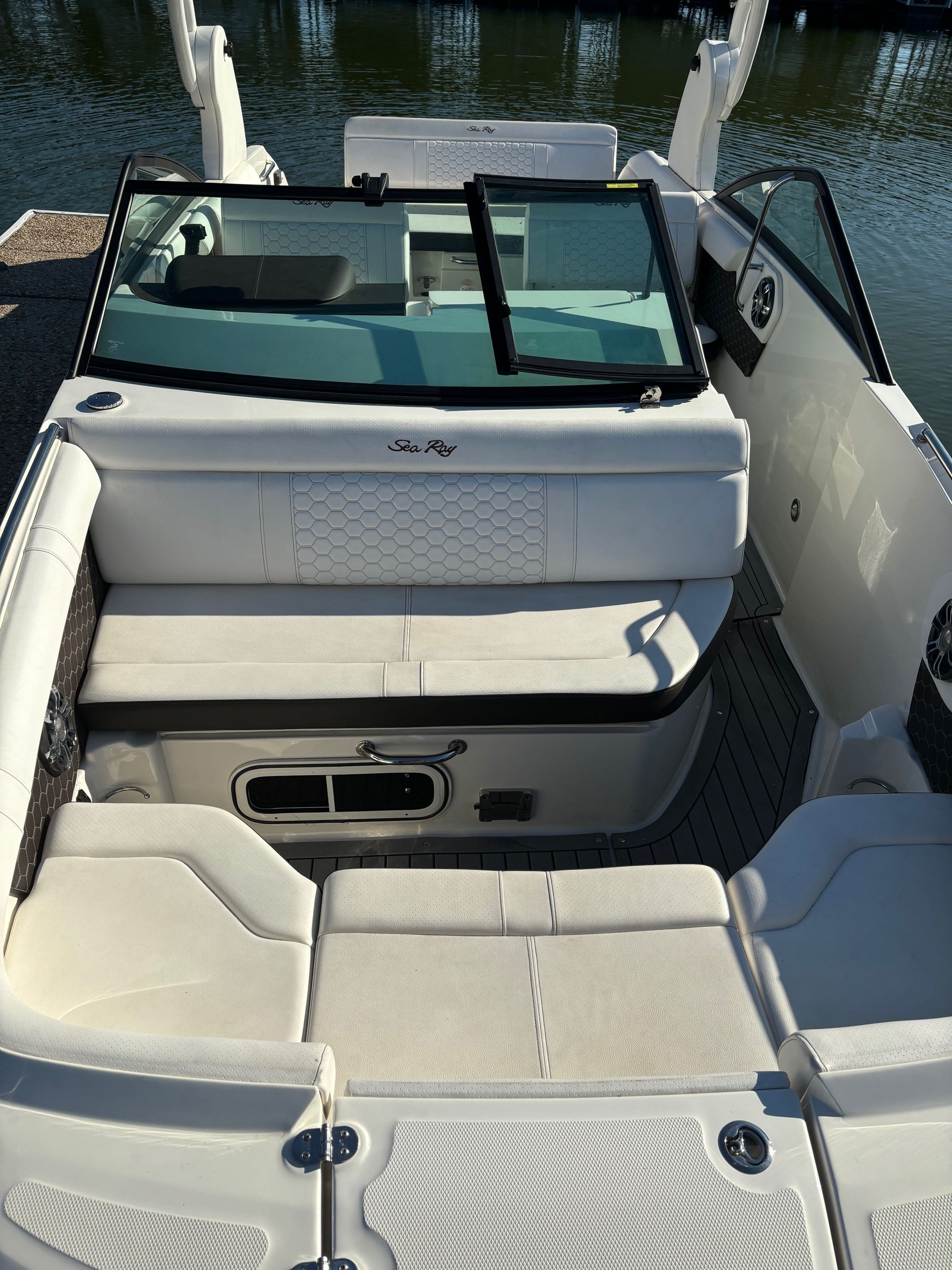 Interior of a 2019 Sea Ray SDX 250 boat on water.