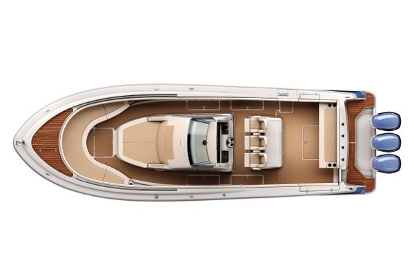 Manufacturer Provided Image: 2017 Chris-Craft Catalina 34 boat, top view, showcasing deck layout and triple outboard engines.