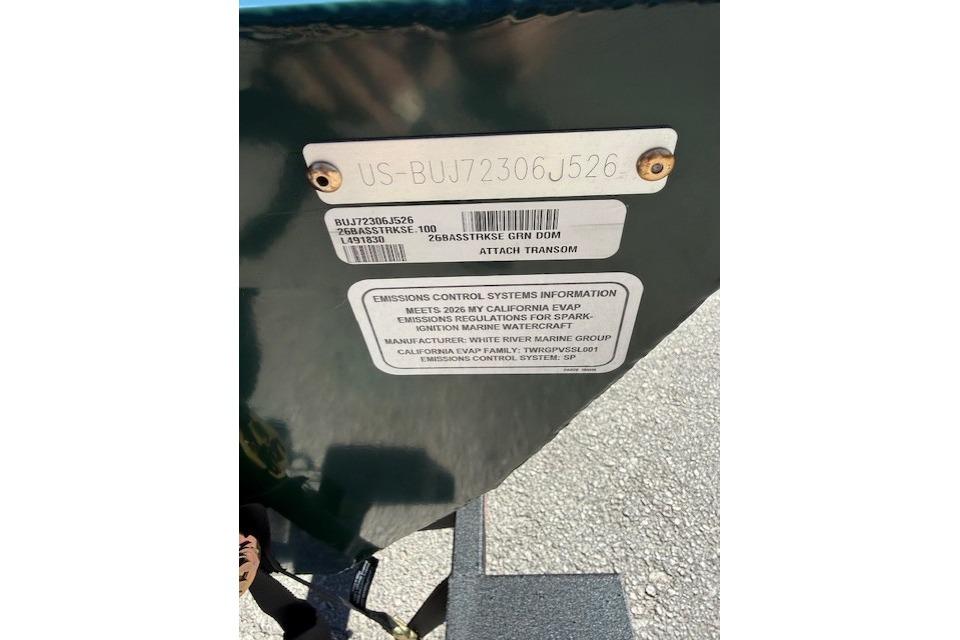 2026 Tracker Bass Tracker Classic Limited transom with emissions control information.