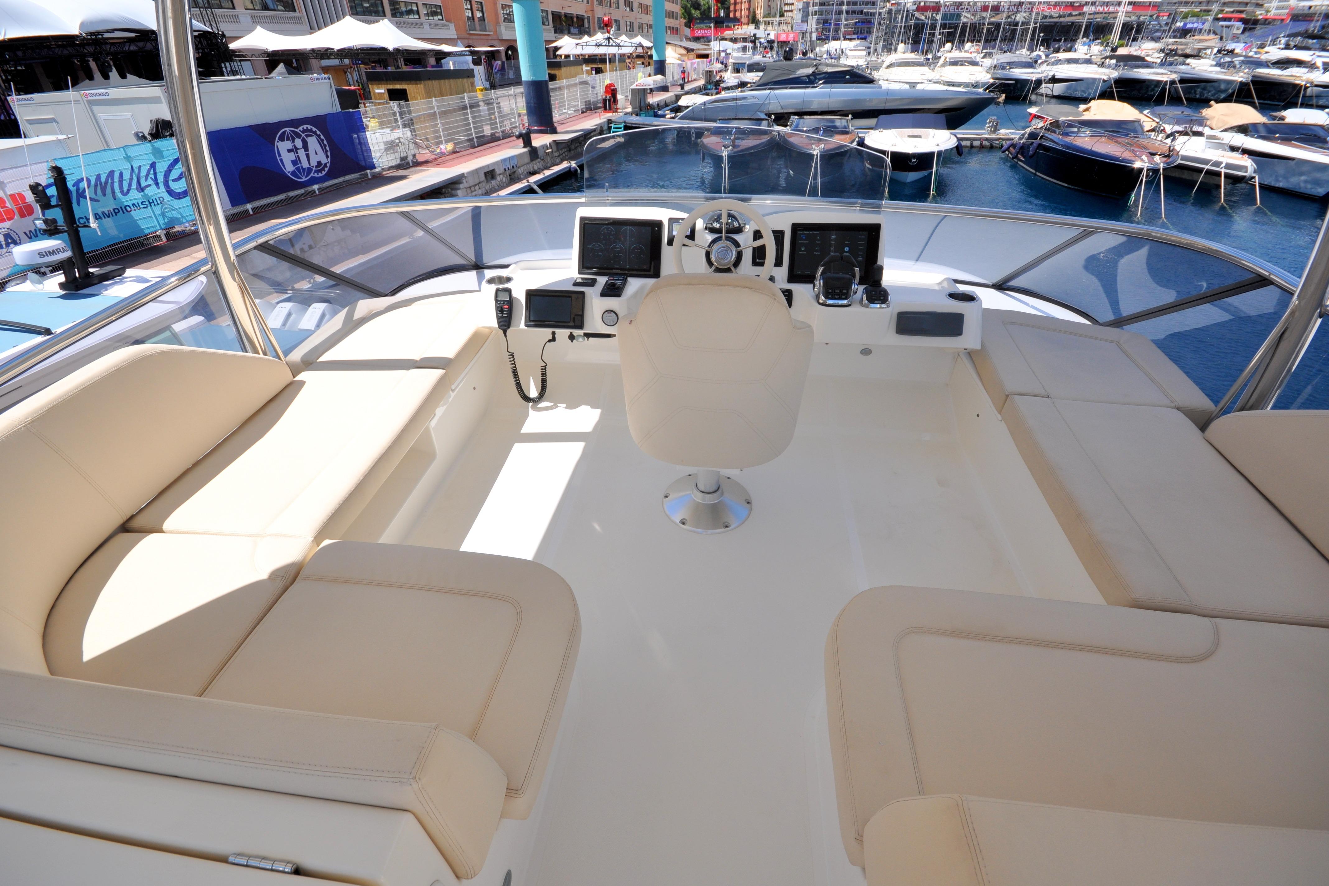 Flybridge of 2018 Absolute Navetta 52 yacht with helm station and seating area.