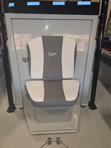 2025 Ranger 2660 Bay boat seat with gray and white upholstery.