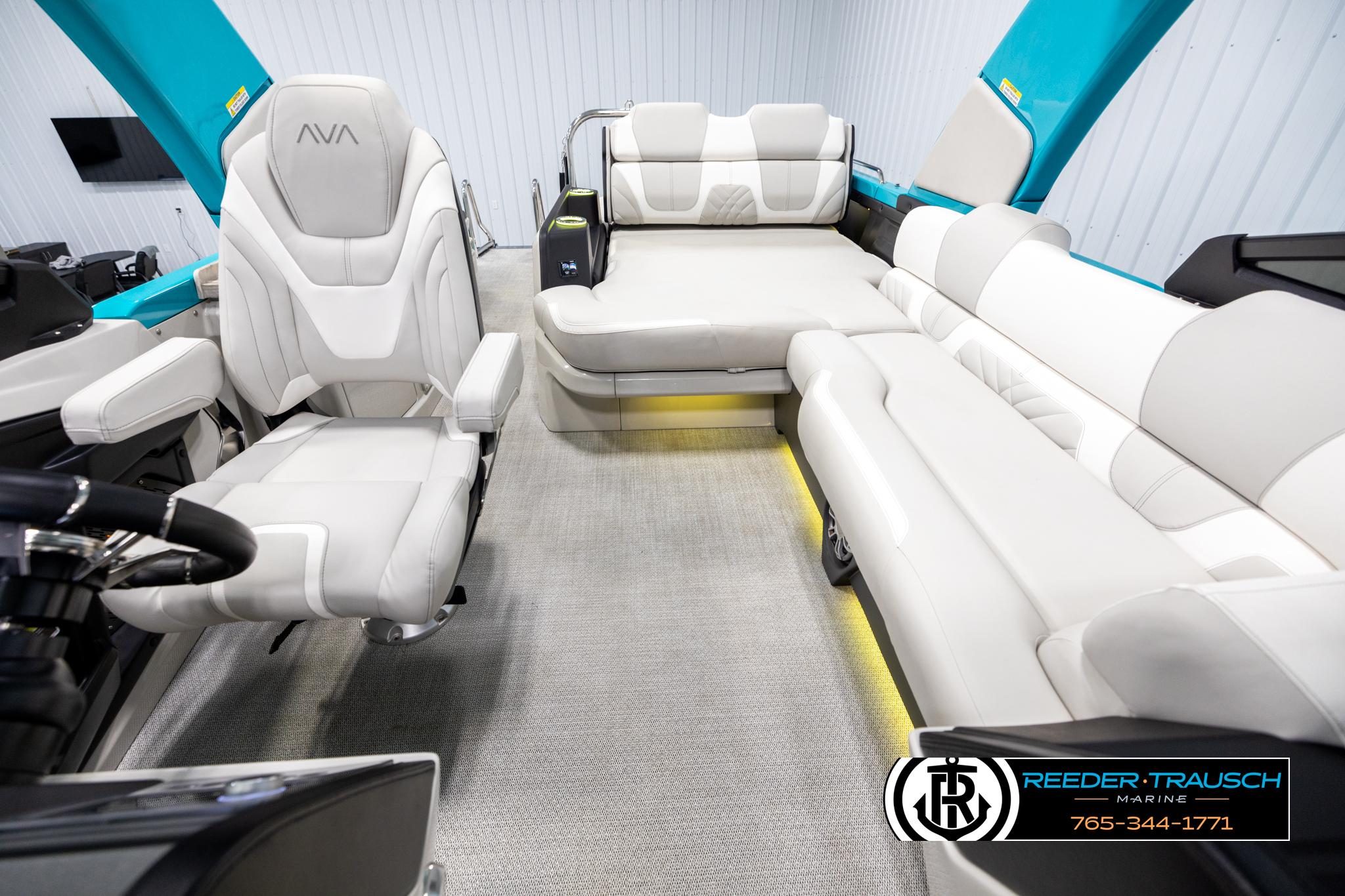 Interior of 2025 Avalon 2585 Excal VRBW boat with luxurious seating and modern design.