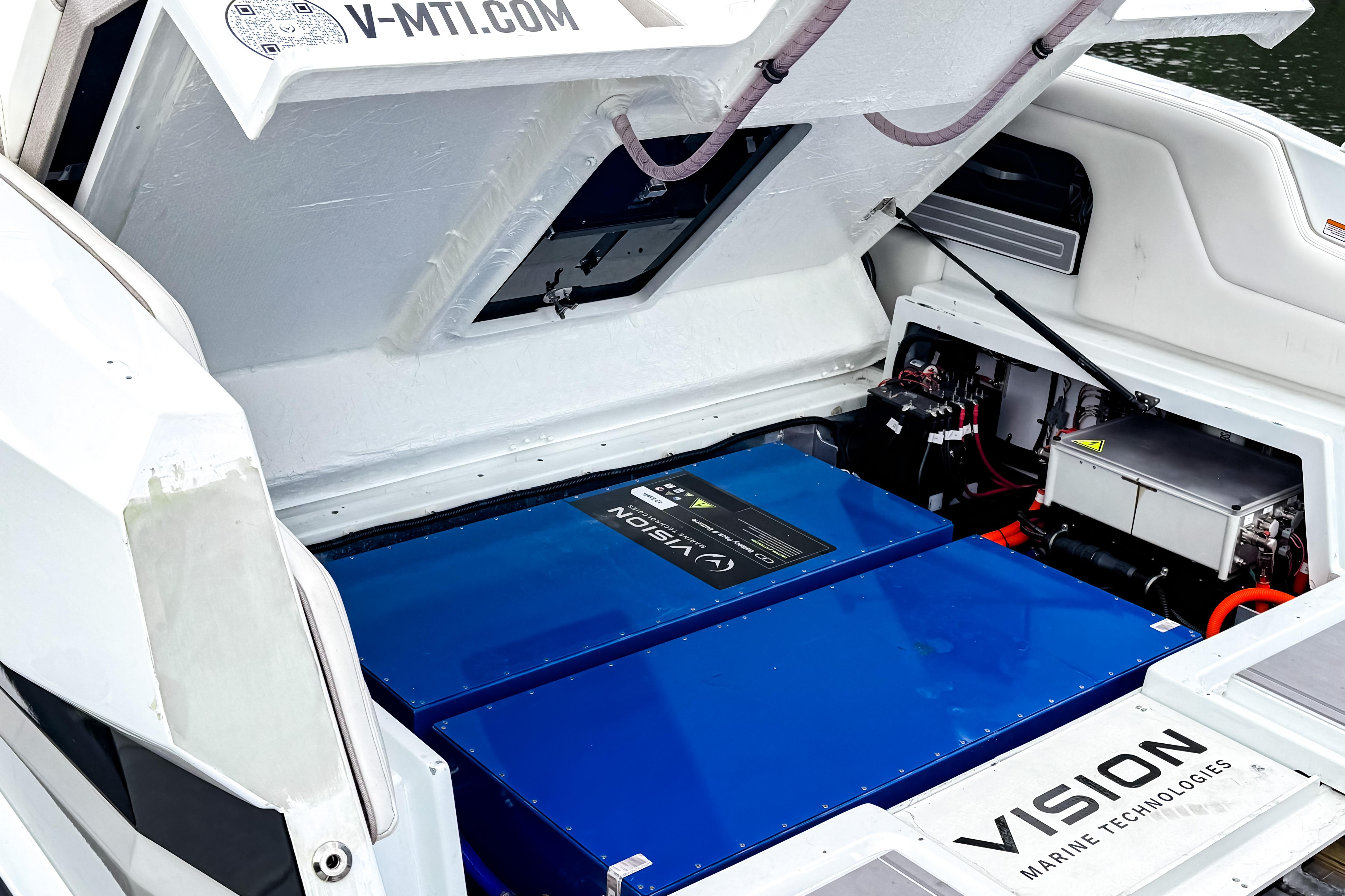 2026 Ingenity EL electric boat engine compartment with Vision Marine Technologies components.