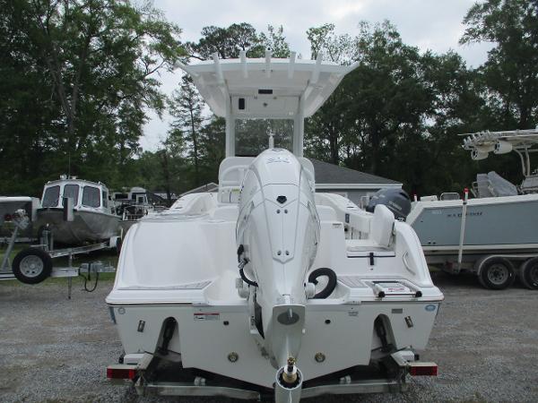 2025 Sea Fox 228 Commander boat, rear view, parked on trailer.