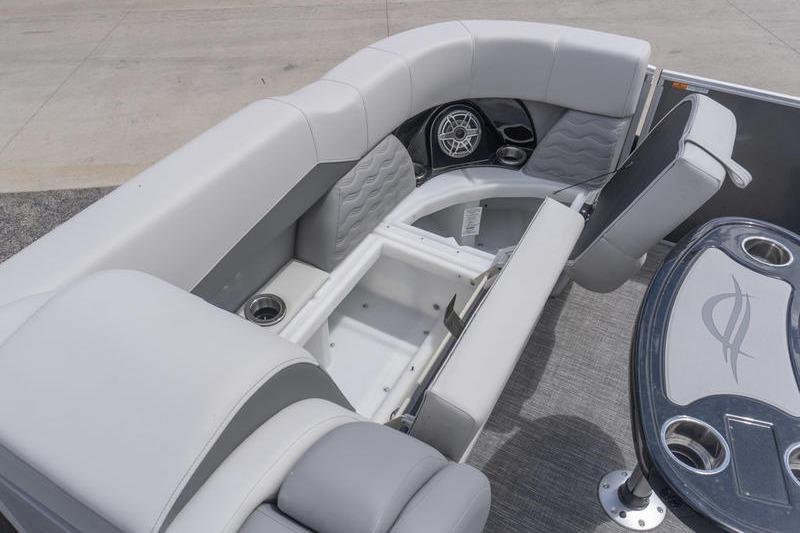 Luxurious seating and storage on 2026 SunCatcher Elite 326 SL pontoon boat.