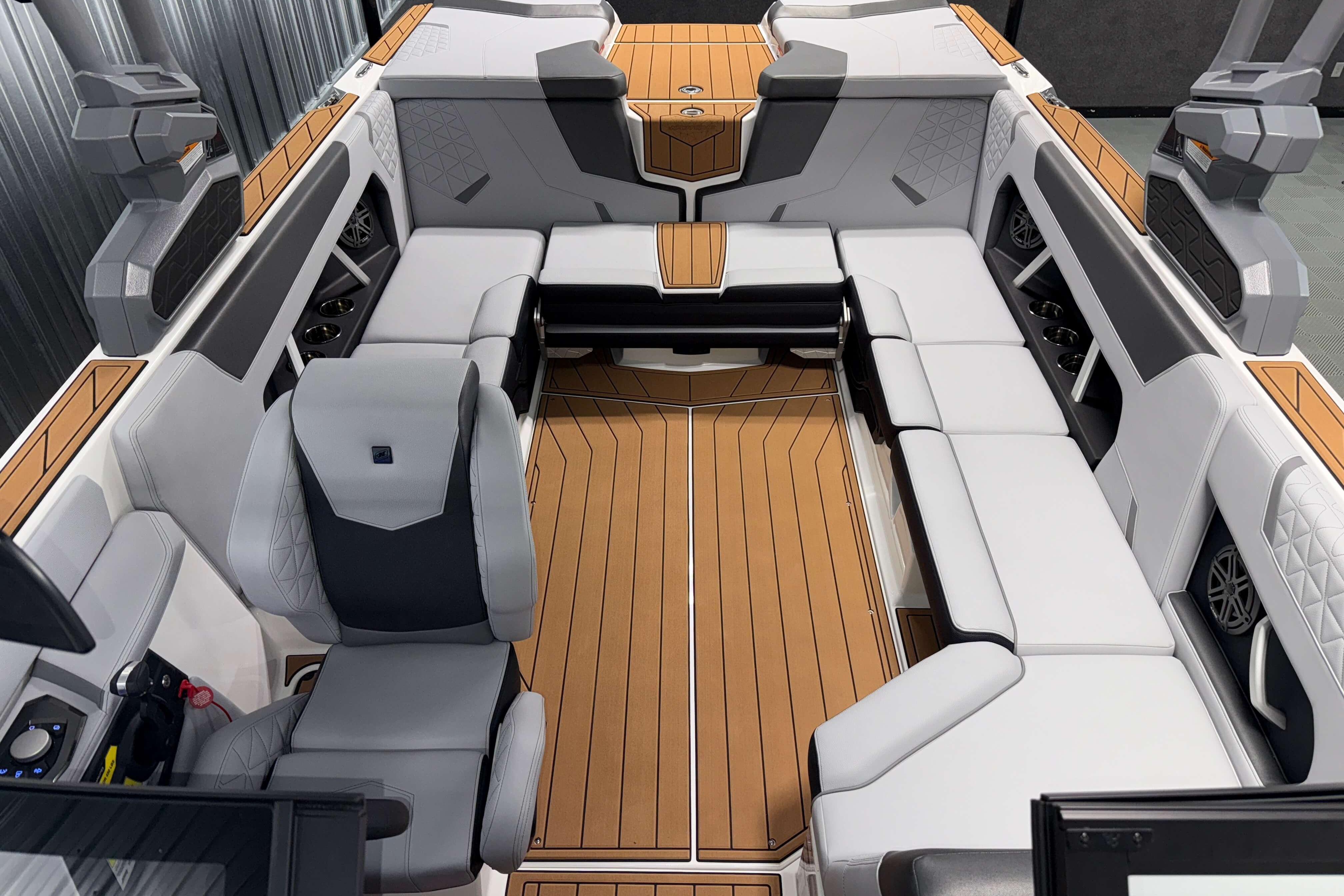 Luxurious interior of 2026 Nautique Super Air Nautique GS22 boat with spacious seating.