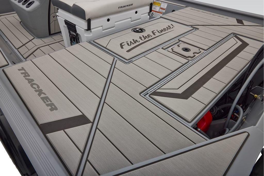 2026 Tracker Bass Tracker Classic CC boat deck with "Fish the Finest" design.